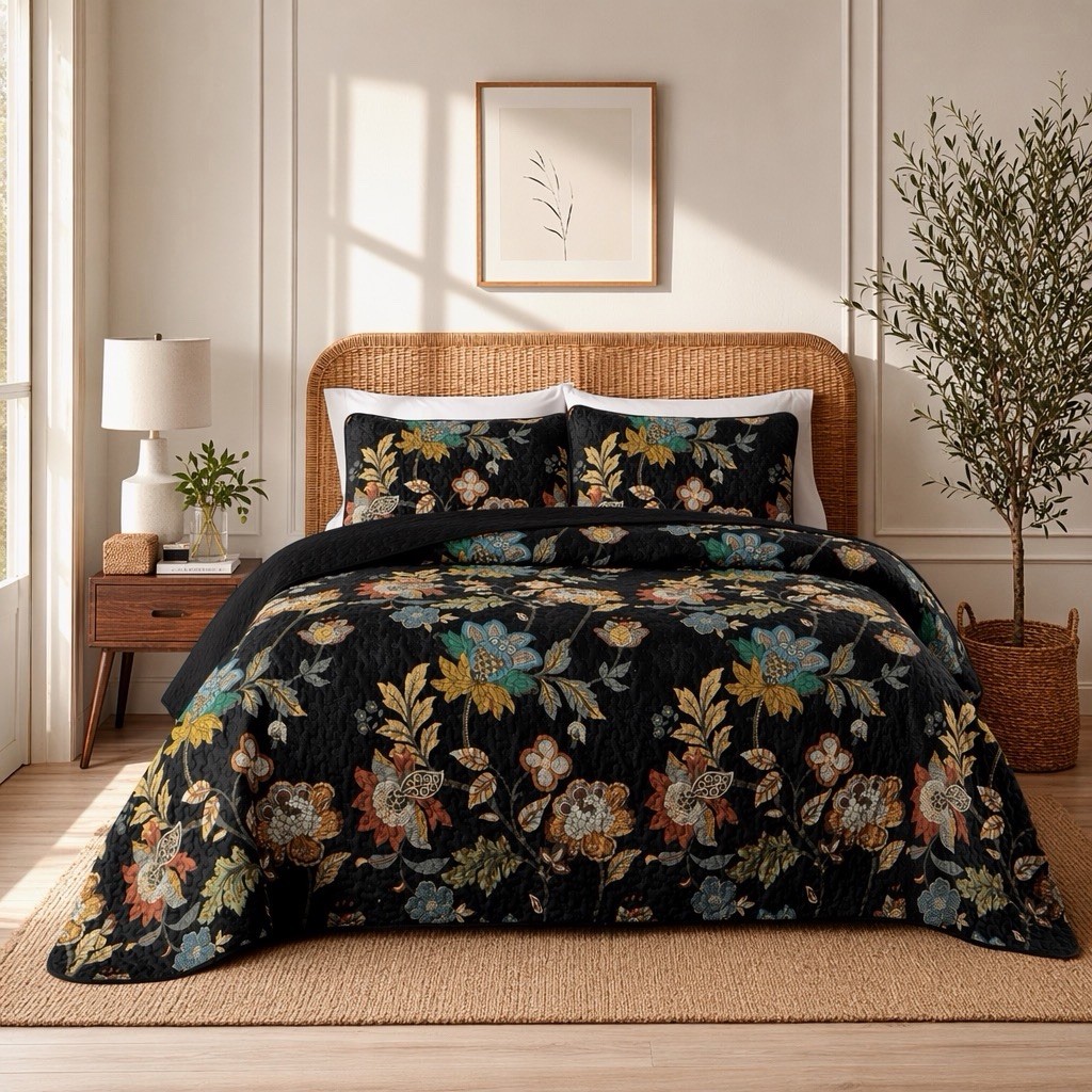 NEW Anthro Black Floral Print Multicolor Boho Queen King Bedding Quilt Sham Set