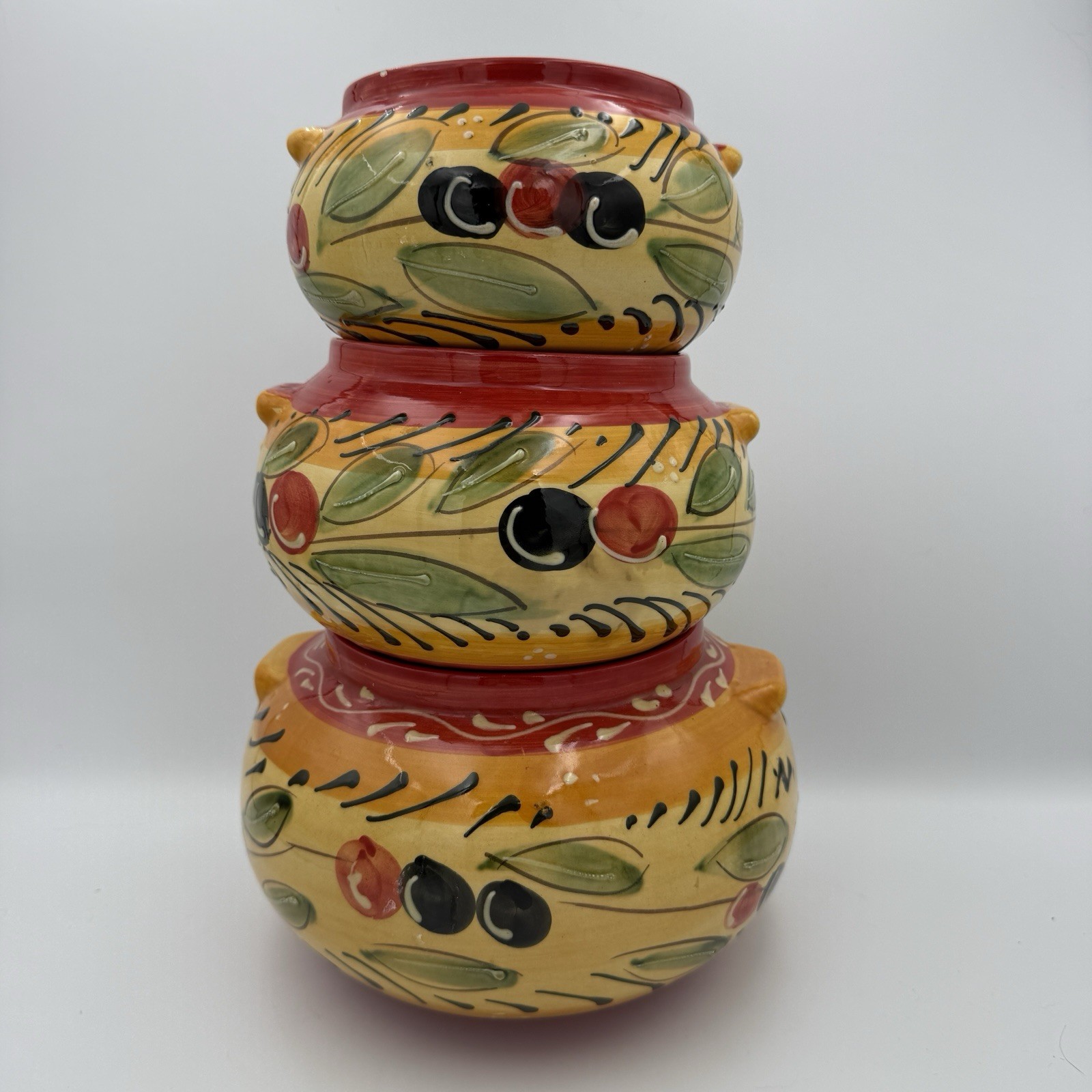 VTG Pier 1 Imports 3 Piece Stackable Canister Set Olives Pattern Handpainted VTG Pier 1 Imports 3 Piece Stackable Canister Set Olives Pattern Handpainted
