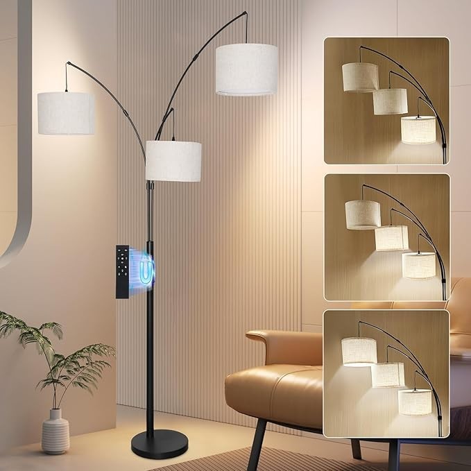 Anrotix 3-Light Dimmable Arc Floor Lamp 2400LM Remote Control,Stepless Dimming