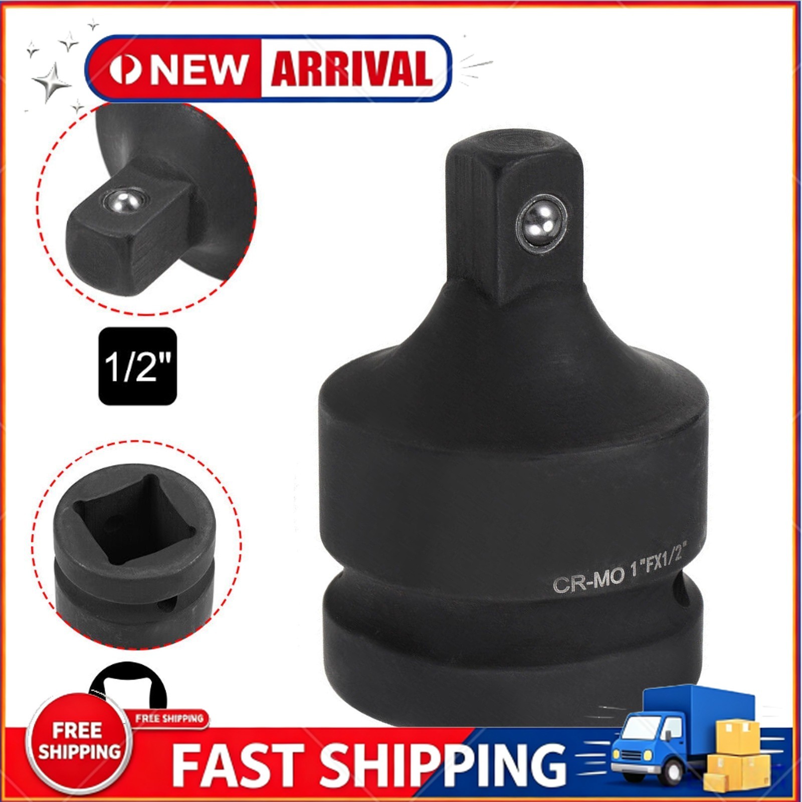 1 Inch x 1/2 Inch Drive Impact Socket Reducer Female to Male Cr-Mo Black NEW US