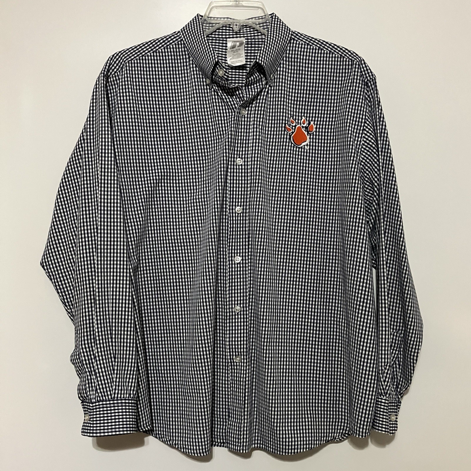 Russell Athletic SHSU Bearkats Logo Dress Shirt Men\'s XL Black White Gingham