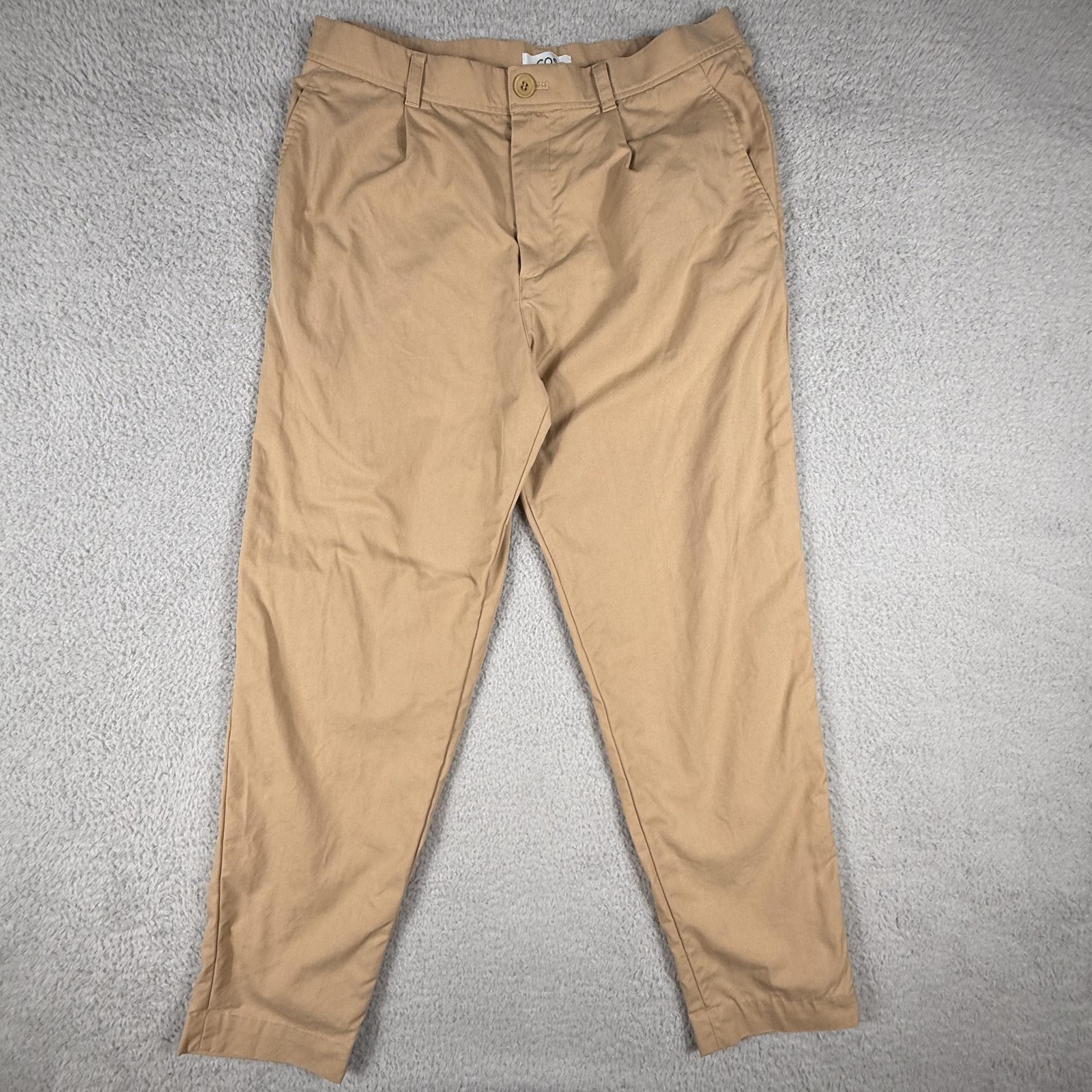 COS Pants Mens 34 Khaki Chino Tapered Slim Casual Pleated Trouser Cotton Lyocell