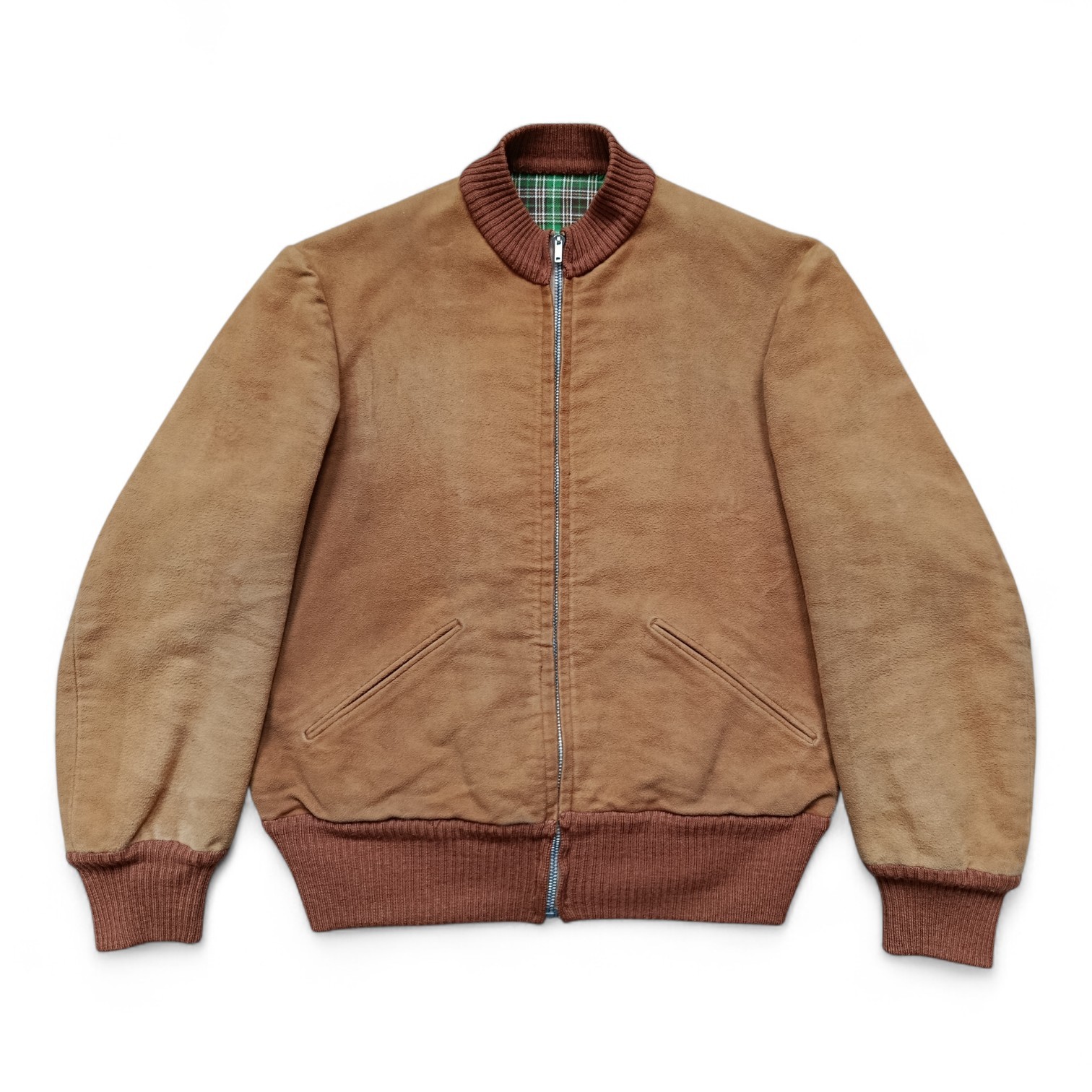 1960s Vintage Italian Heavy Cotton Beige Lined Bomber Jacket Cropped Riri Zip S 