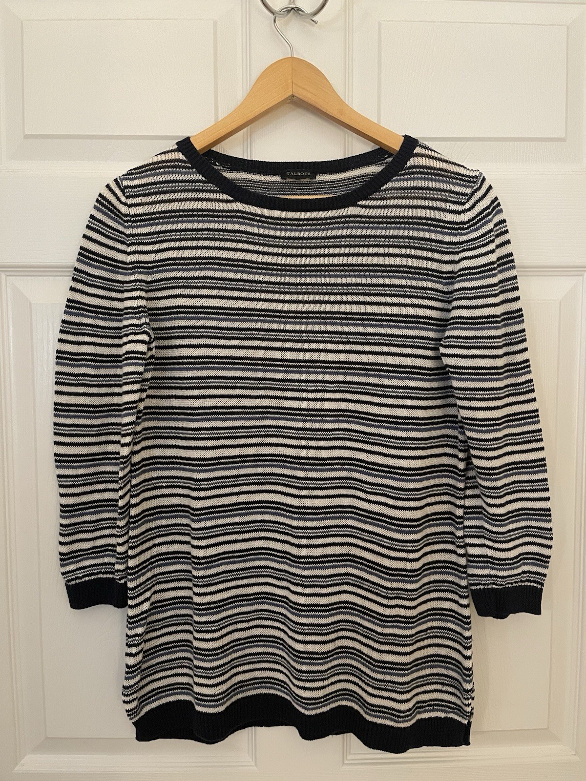 Talbots L 100% Linen Knit Summer Tunic 3/4 Sleeves Blue White Stripe Talbots L 100% Linen Knit Summer Tunic 3/4 Sleeves Blue White Stripe