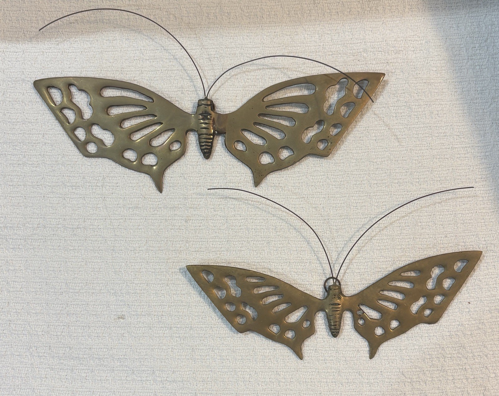 Pair of Vintage MCM Brass Pierced Butterfly Wall Decor Wire Antennae Korea