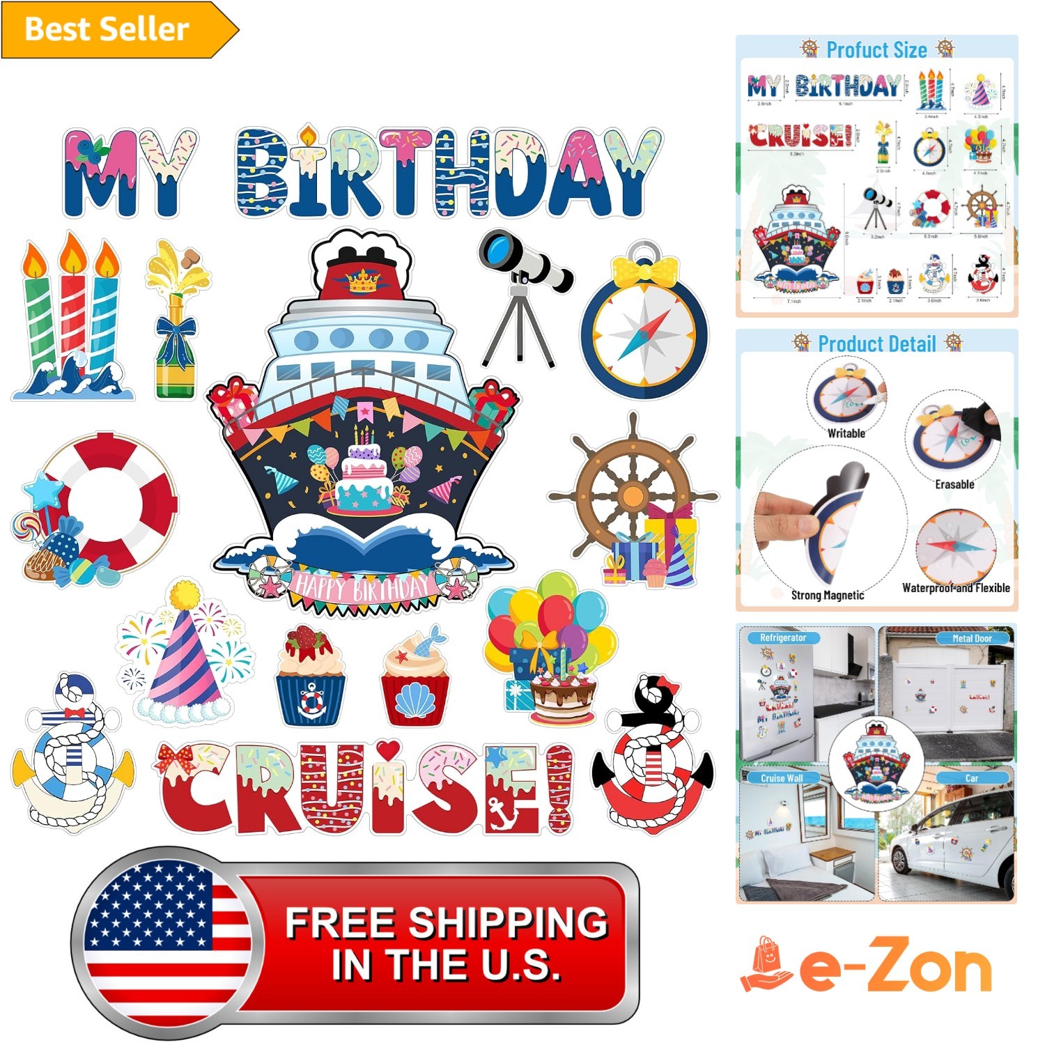 Birthday Cruise Door Magnets Set 16pcs Magnetic Decorations Carnival Party