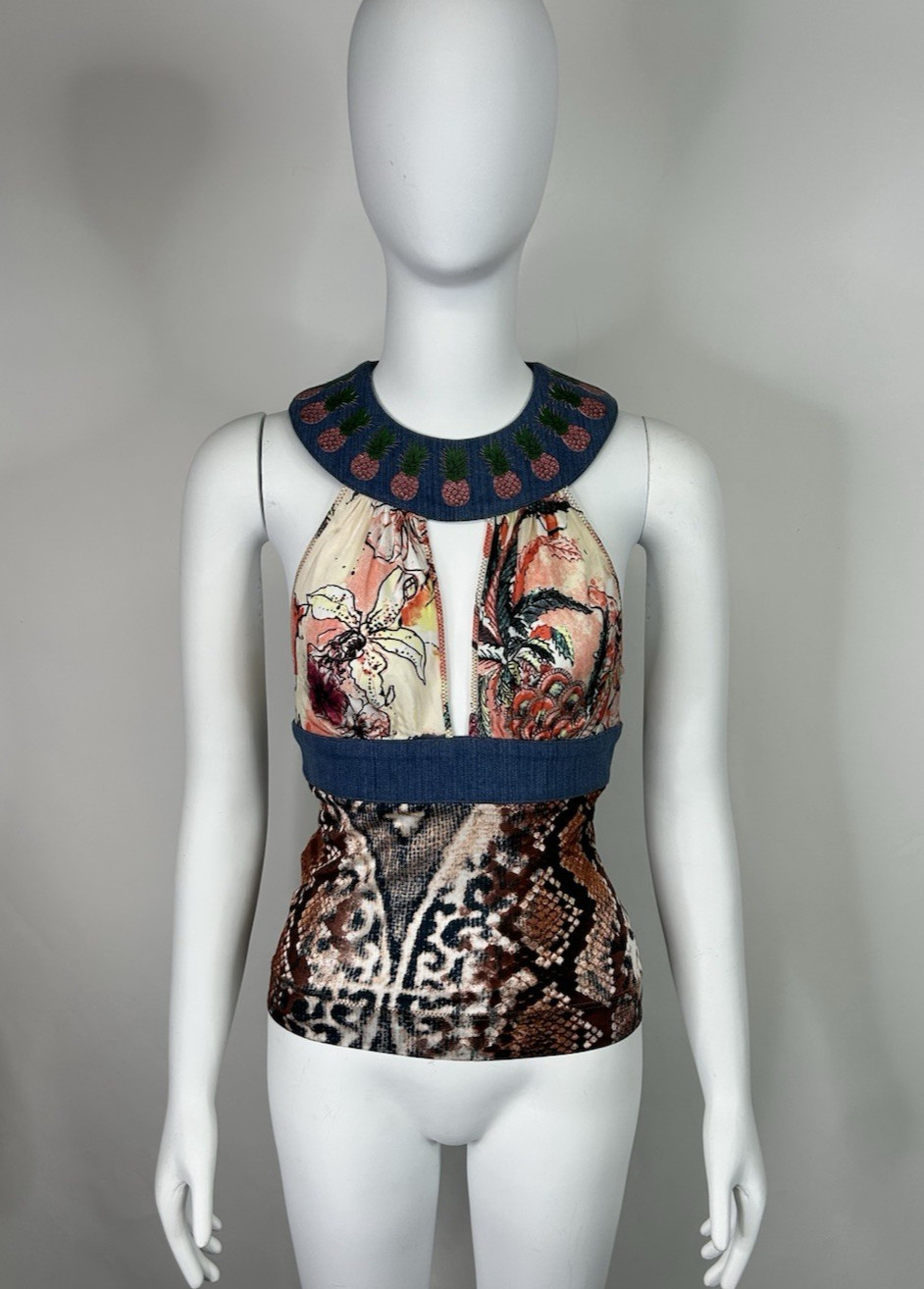 Vtg Roberto Cavalli Just Cavalli Patchwork Print Cutout Top IT 40 Vtg Roberto Cavalli Just Cavalli Patchwork Print Cutout Top IT 40