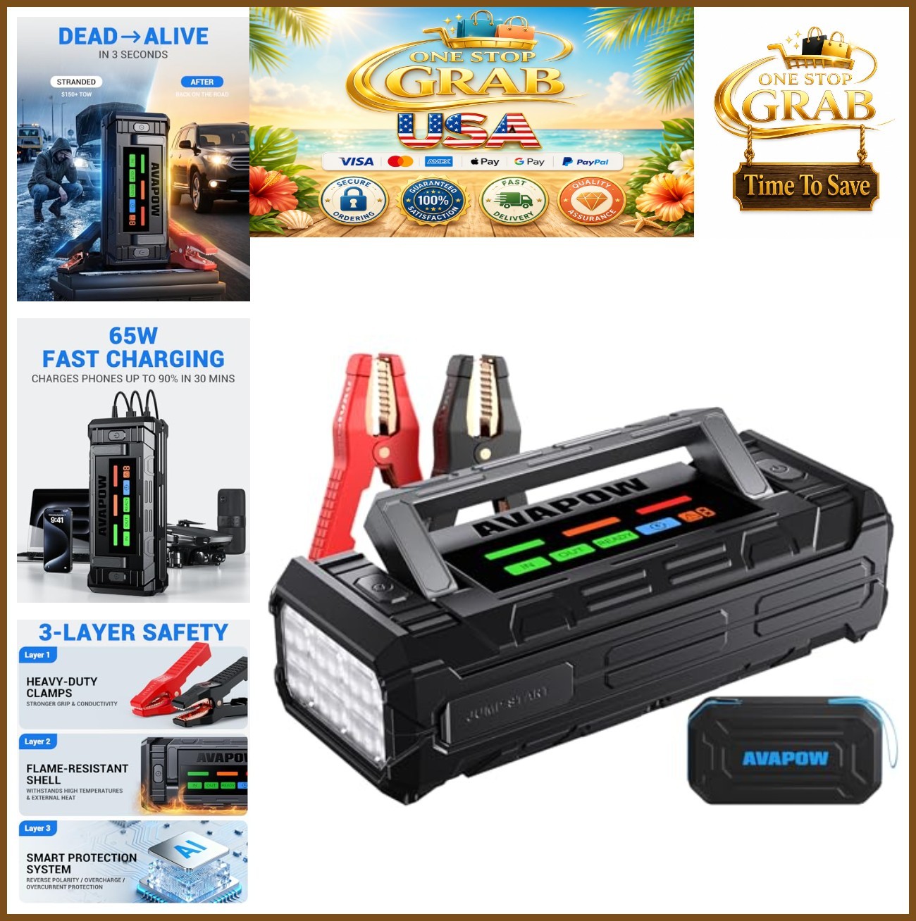 Battery Jump Starter 10000A 12V Lithium 24000mAh 65W USB-C PD 4 Inch HD Display