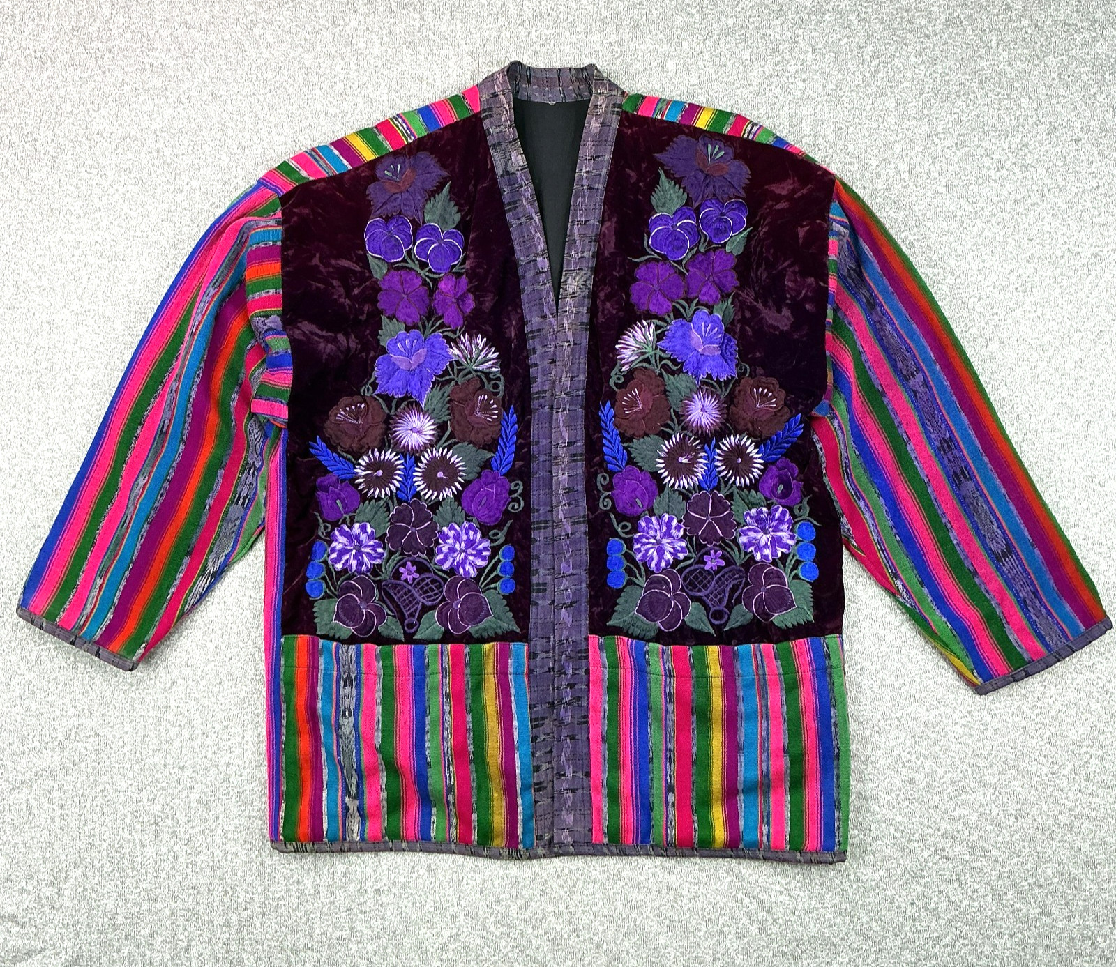 Artisan Guatemalan Open Front Jacket Floral Embroidered Velvet Striped Tapestry