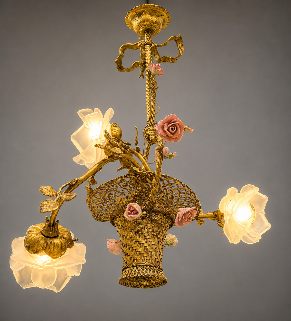 ANTIQUE FRENCH BASKET GILT BRONZE LOUIS XV ORMOLU FLORAL  3 LIGHT CHANDELIER