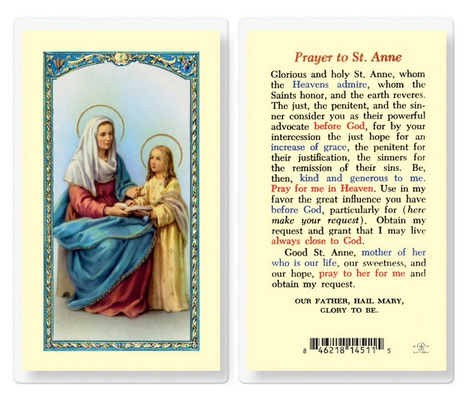 Intercession Prayer To St Anne Laminated Holy Card Catholic Faith