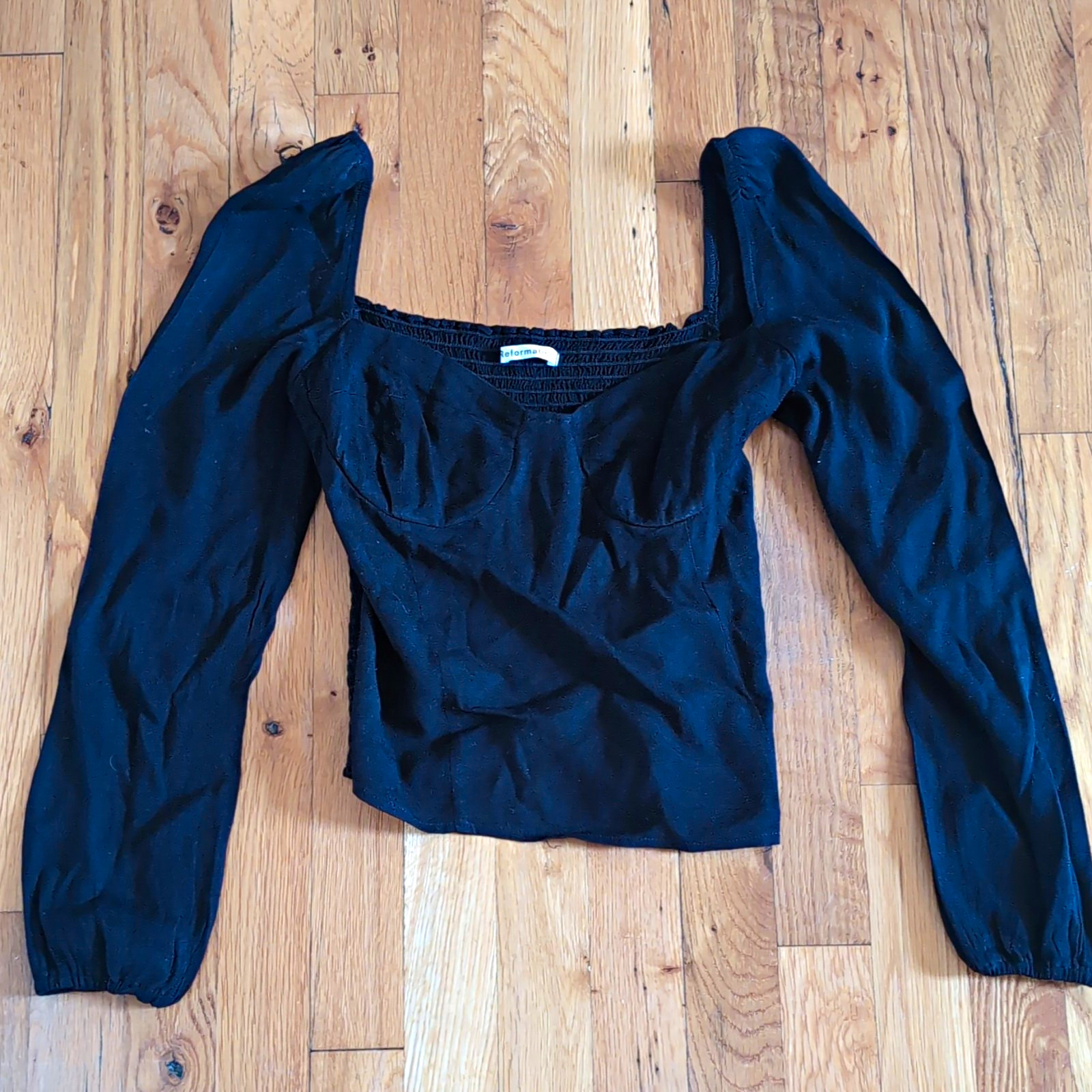 Reformation Black Square Neck Smocked Puff Long Sleeve Cropped Blouse Size 6 Reformation Black Square Neck Smocked Puff Long Sleeve Cropped Blouse Size 6