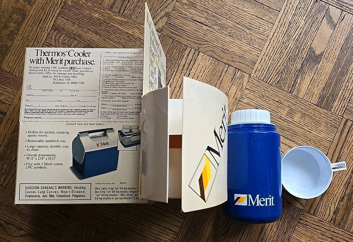 Two Vintage Merit Thermos Merit Cigarettes Collectibles - New In Original Boxes Two Vintage Merit Thermos Merit Cigarettes Collectibles - New In Original Boxes