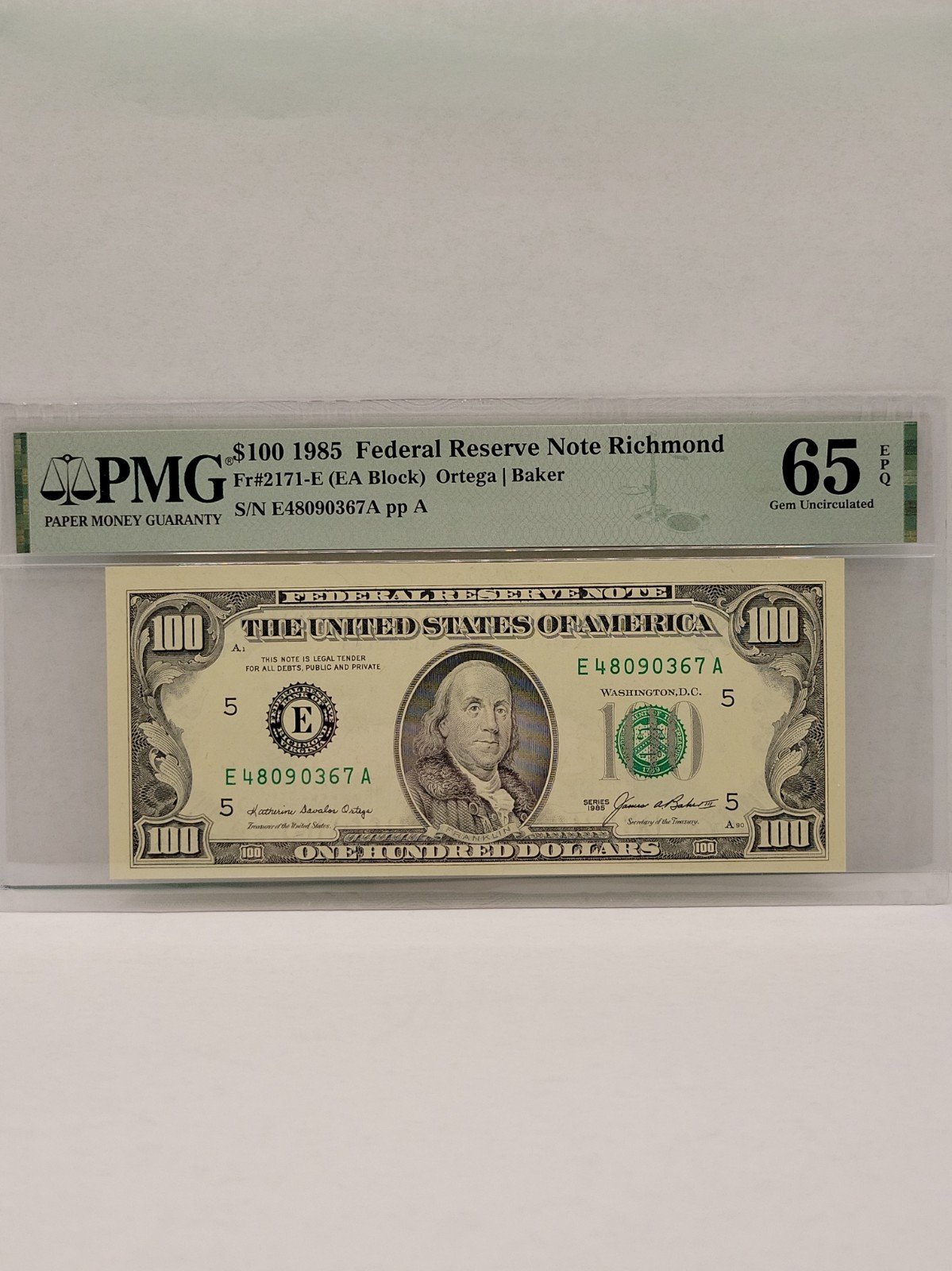 1985 $100 FEDERAL RESERVE NOTE RICHMOND PCGS 65EPQ GEM UNC - SEQUENTIAL #\'S 1985 $100 FEDERAL RESERVE NOTE RICHMOND PCGS 65EPQ GEM UNC - SEQUENTIAL #\'S