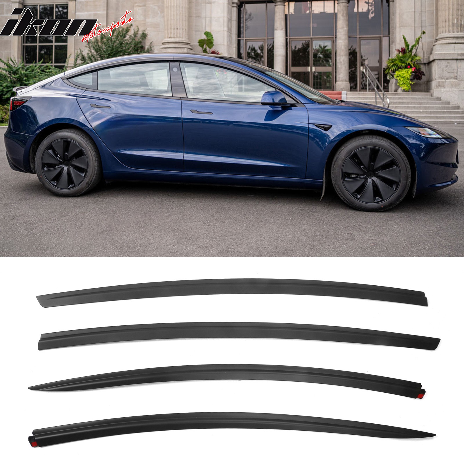 For 17-26 Tesla Model 3 ABS Tape-on Window Visor Sun Rain Guard 4PCS Matte Black