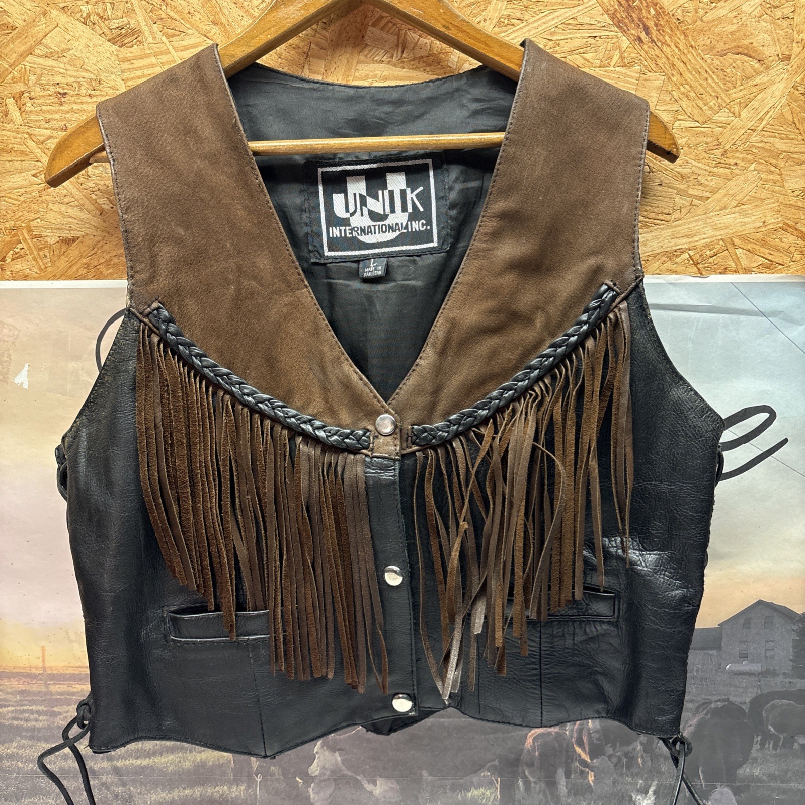 Vtg UNIK Leather Women\'s Large Fringe Western Biker Vest Brown Black Leather Vtg UNIK Leather Women\'s Large Fringe Western Biker Vest Brown Black Leather