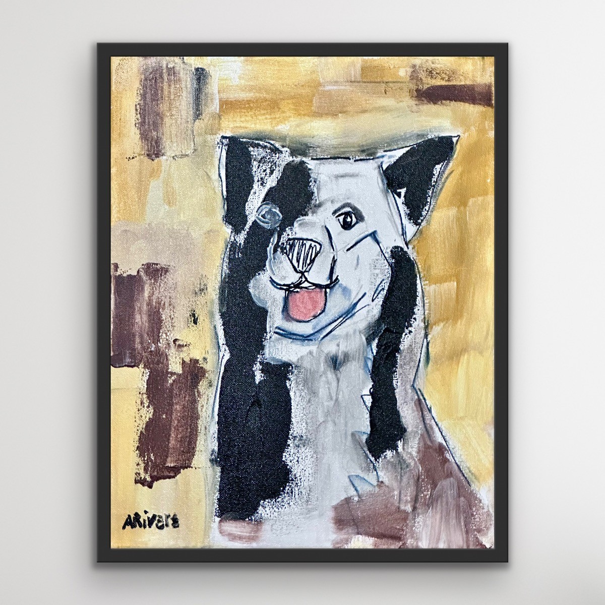 ARivers Modern Art Dog Buddy Painting Signed 14x11 Canvas Original Collectible