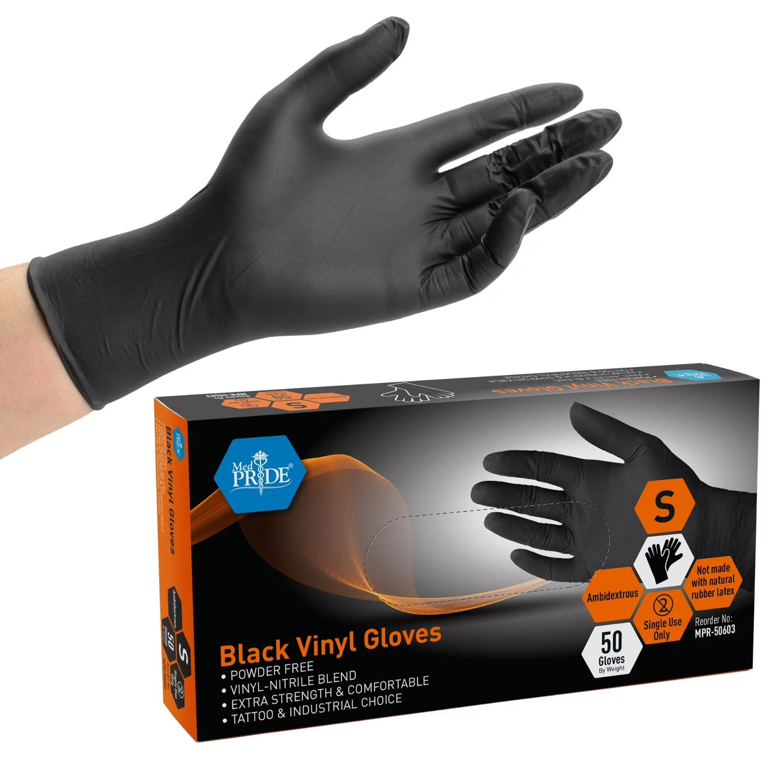 MED PRIDE Black Vinyl Gloves Disposable Powder & Latex-Free Food Safe 100ct
