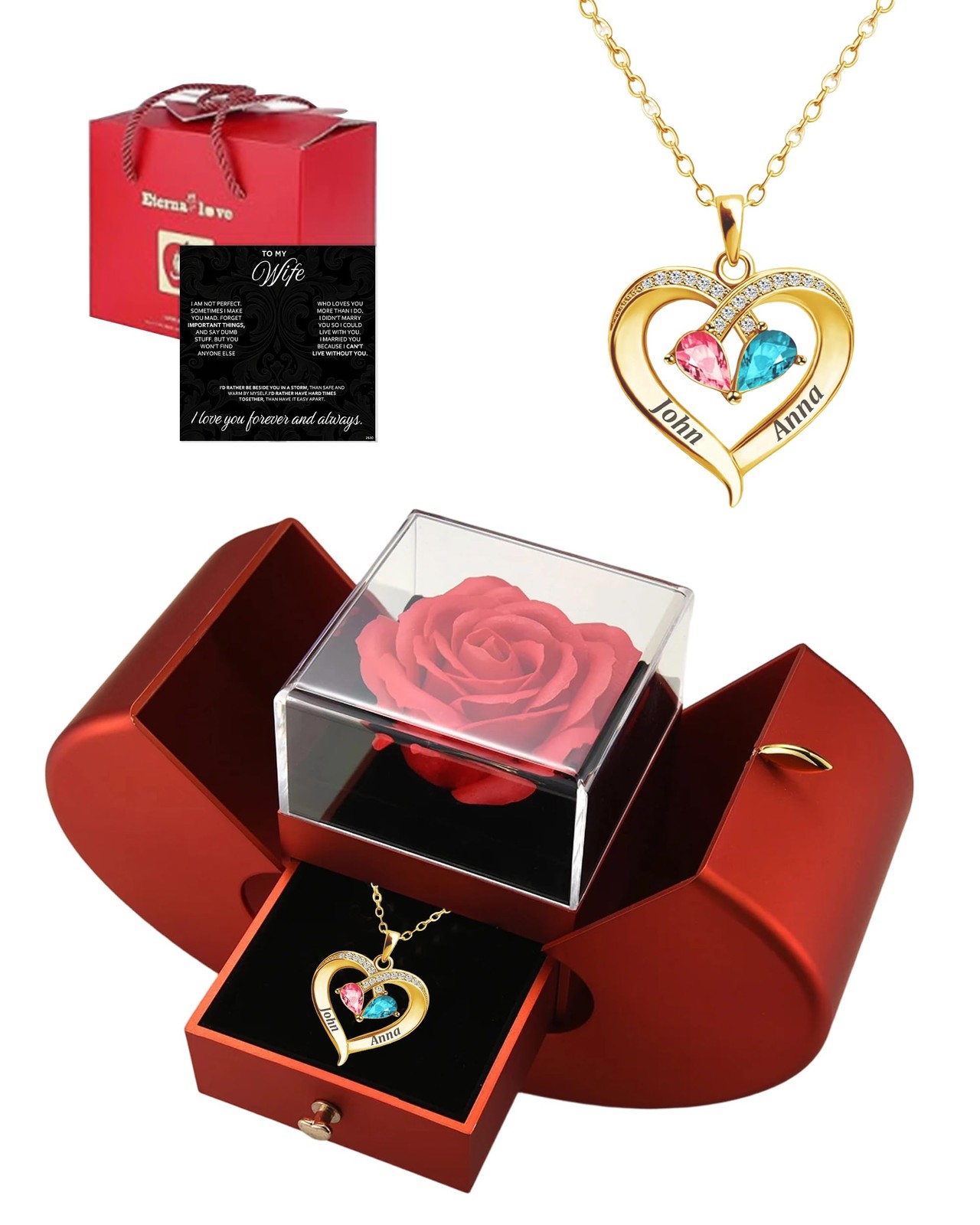 ziella Preserved Real Rose, Eternal Flower with I Love You Necklace, Birthstone ziella Preserved Real Rose, Eternal Flower with I Love You Necklace, Birthstone