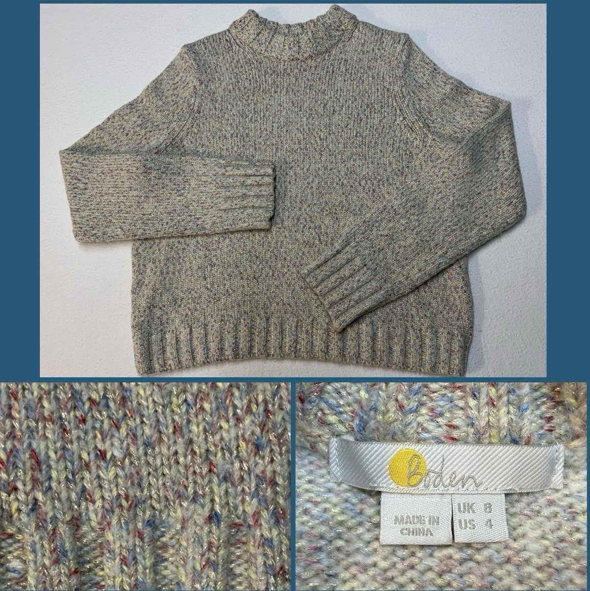 Boden Confetti Marled Mock Neck Pullover Cropped Cozy Sweater Sz 4 Chest 39” EUC