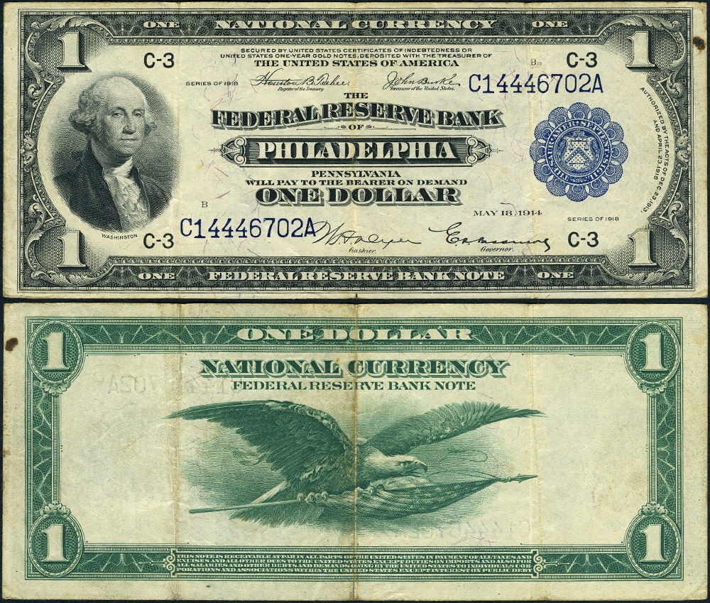 FR. 715 $1 1918 Federal Reserve Bank Note Philadelphia VF+