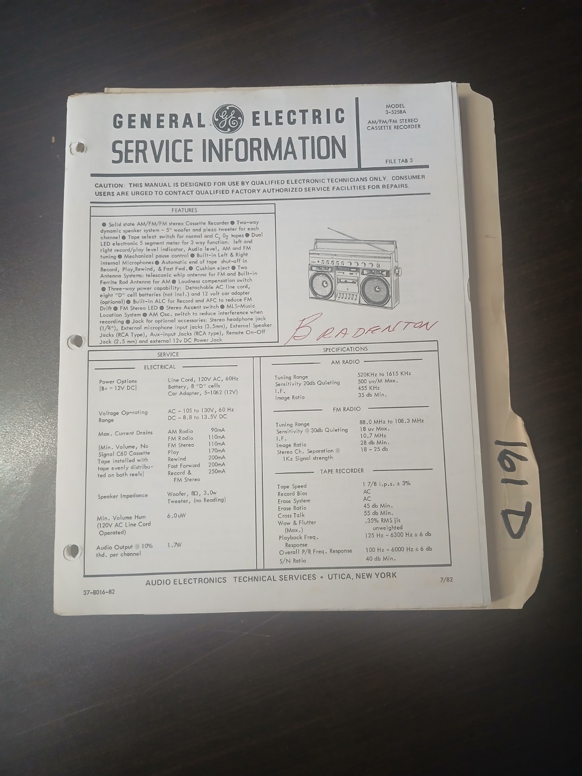 GE 3 5258A Service Manual Original Repair Book AM/FM Stereo Tape Recorder