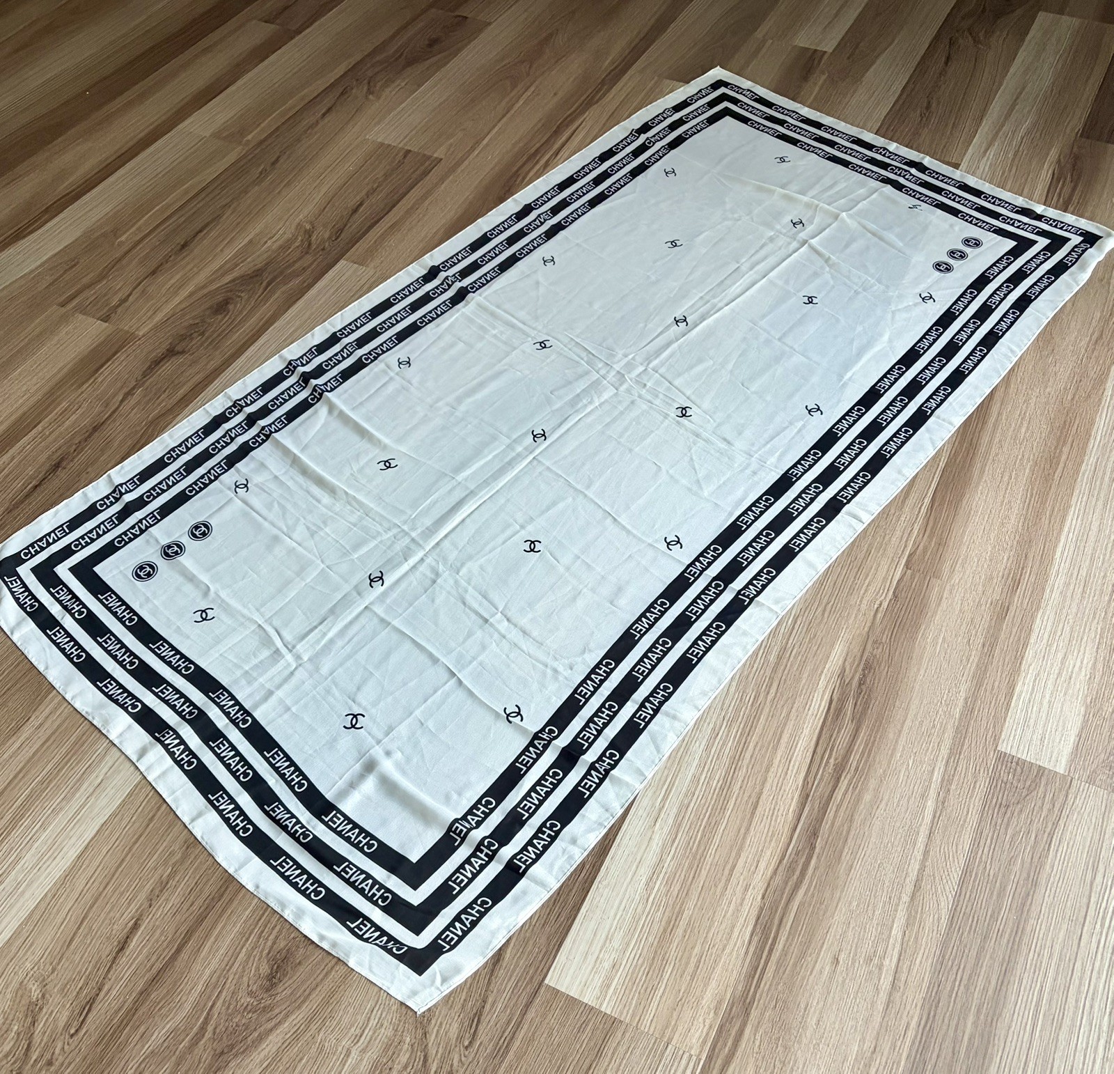Women’s Black & White Designer Print Scarf with Logo Accents 35” x  46”