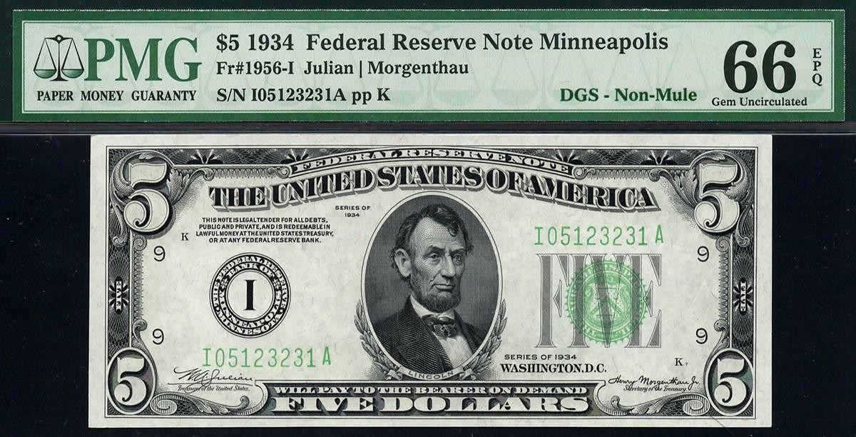 1934 $5 1956-I Minneapolis Non-Mule Federal FRN • PMG 66 EPQ • TOP POP 6/0 1934 $5 1956-I Minneapolis Non-Mule Federal FRN • PMG 66 EPQ • TOP POP 6/0