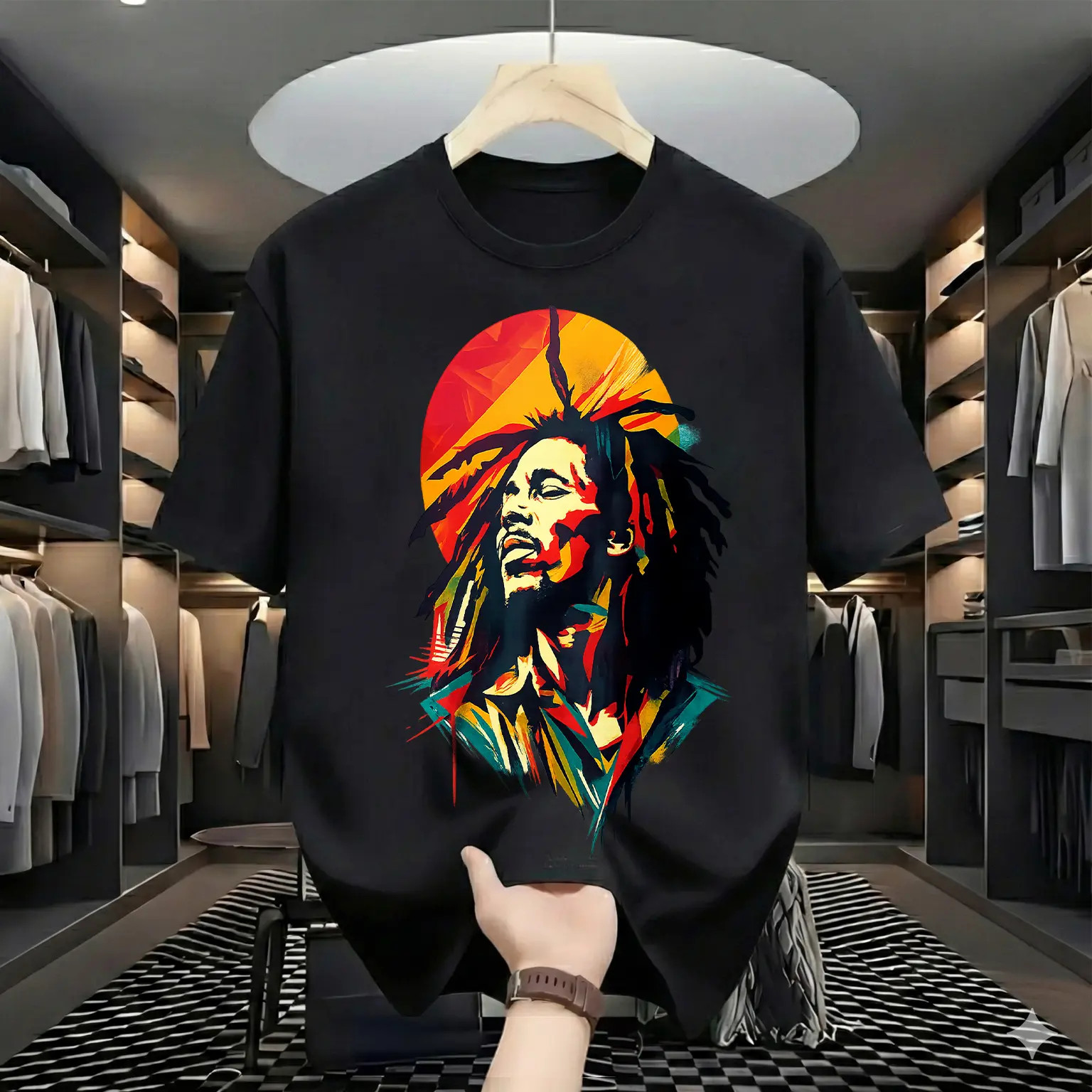Colorful Abstract Reggae Vibes Graphic Tee, Rasta Inspired Casual Black Shirt