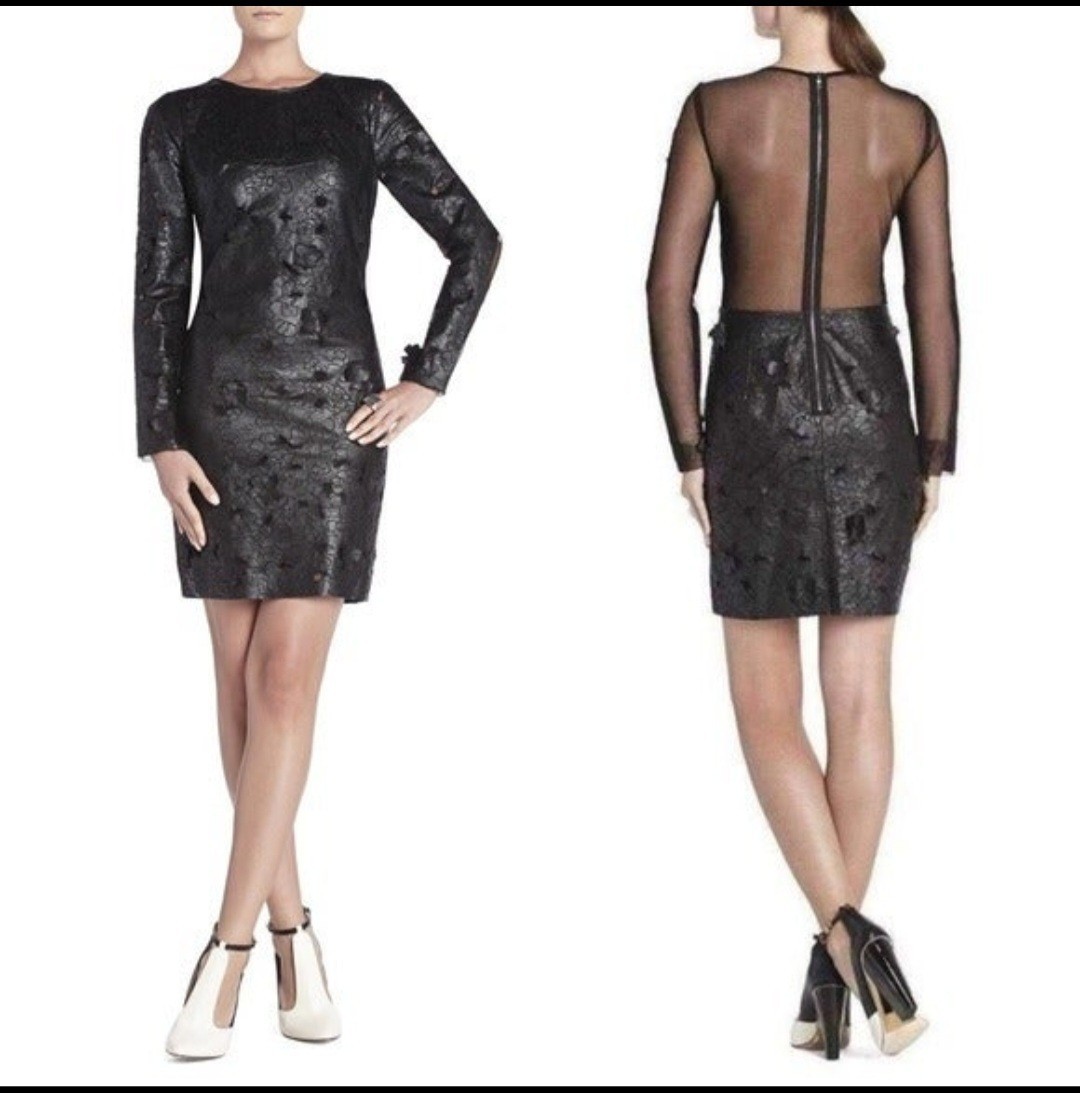NWT BCBGMAXAZRIA Jillea Embroidered Cutout Faux-Leather Dress Black Size 4