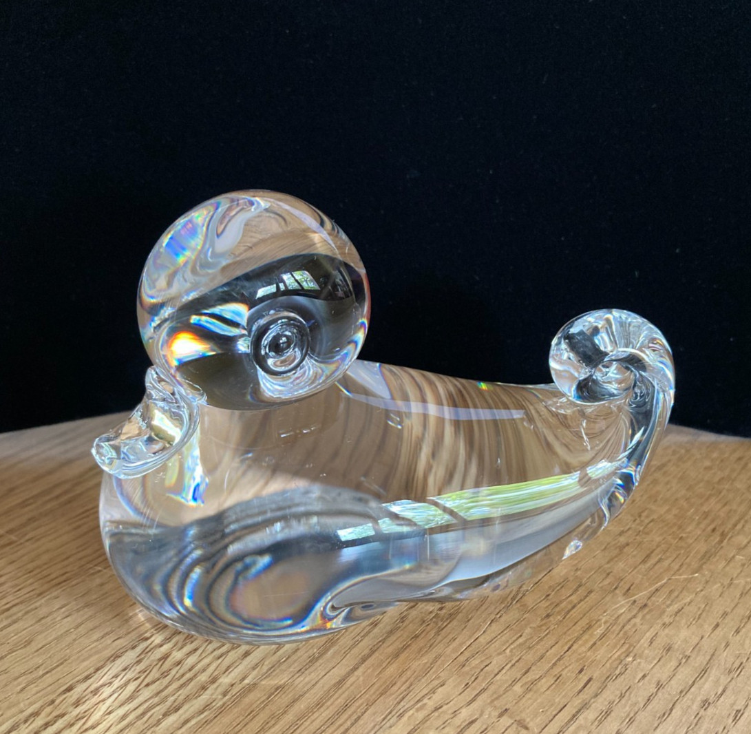 Steuben Signed Crystal Clear Glass Swimming Duck Duckling Design by Lloyd Atkins Steuben Signed Crystal Clear Glass Swimming Duck Duckling Design by Lloyd Atkins