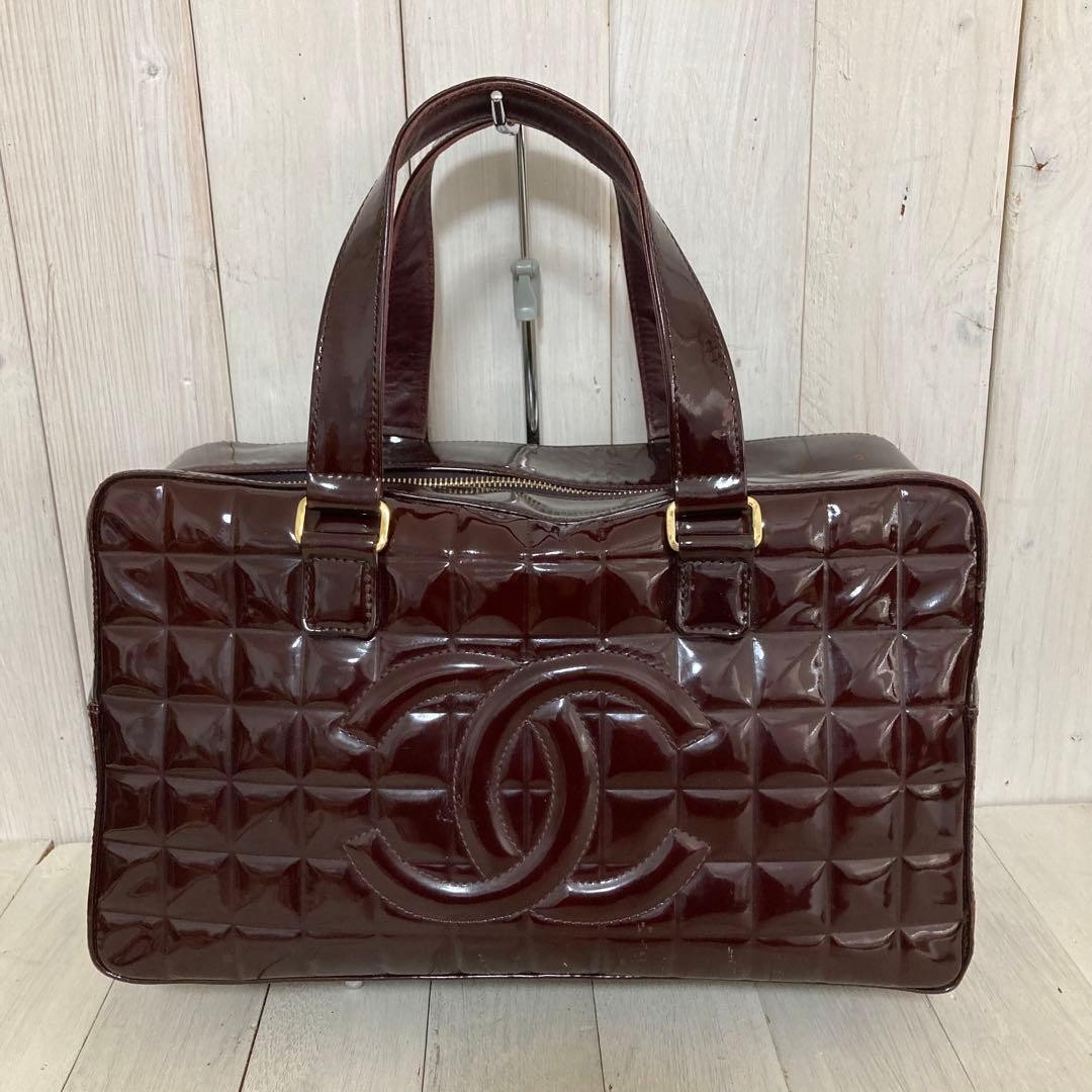 CHANEL Vintage Chocolate Bar Patent Leather Boston Bag Brown CC Logo Rare Japan