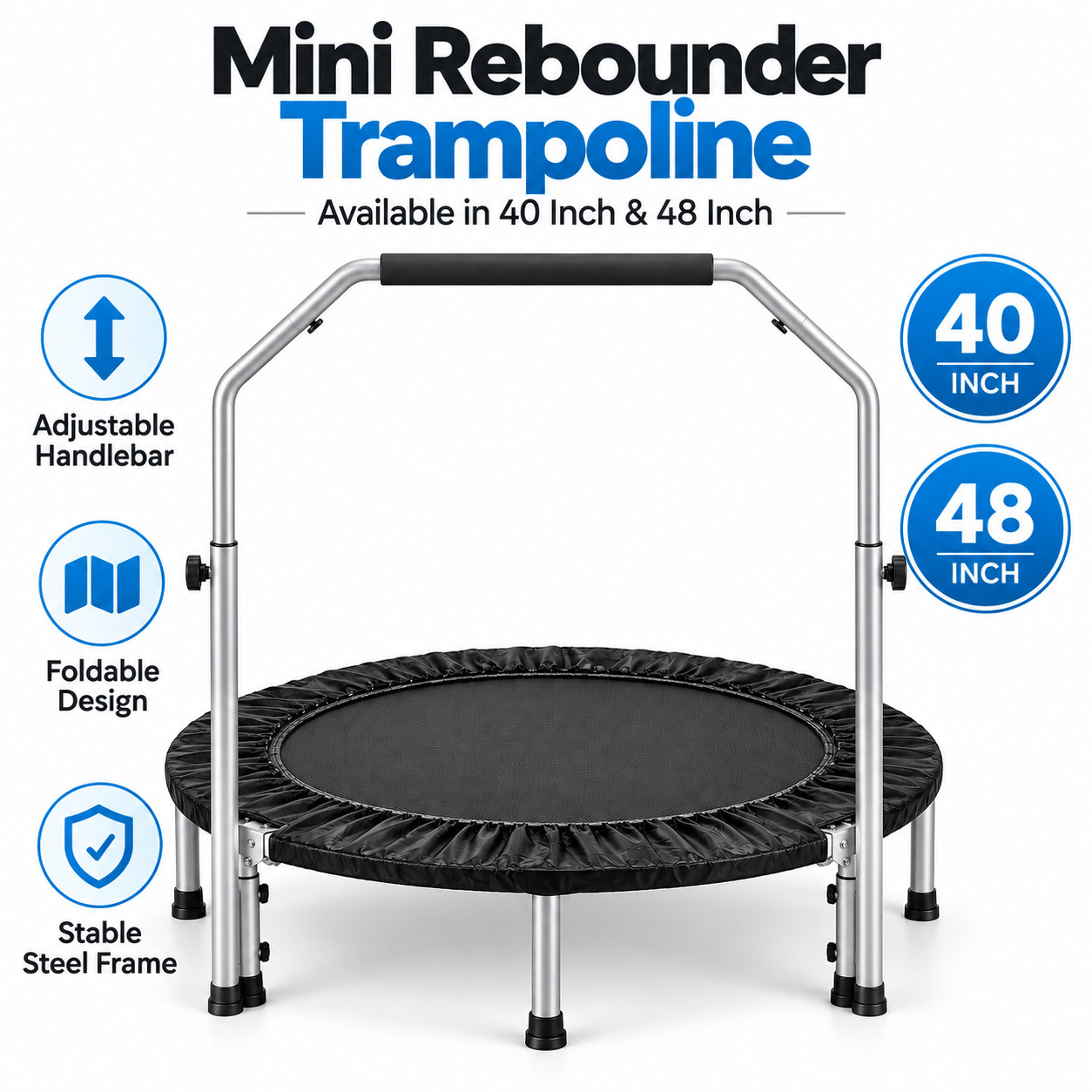 40/48 Inch Foldable Mini Trampoline Rebounder Adjustable Handlebar Adults