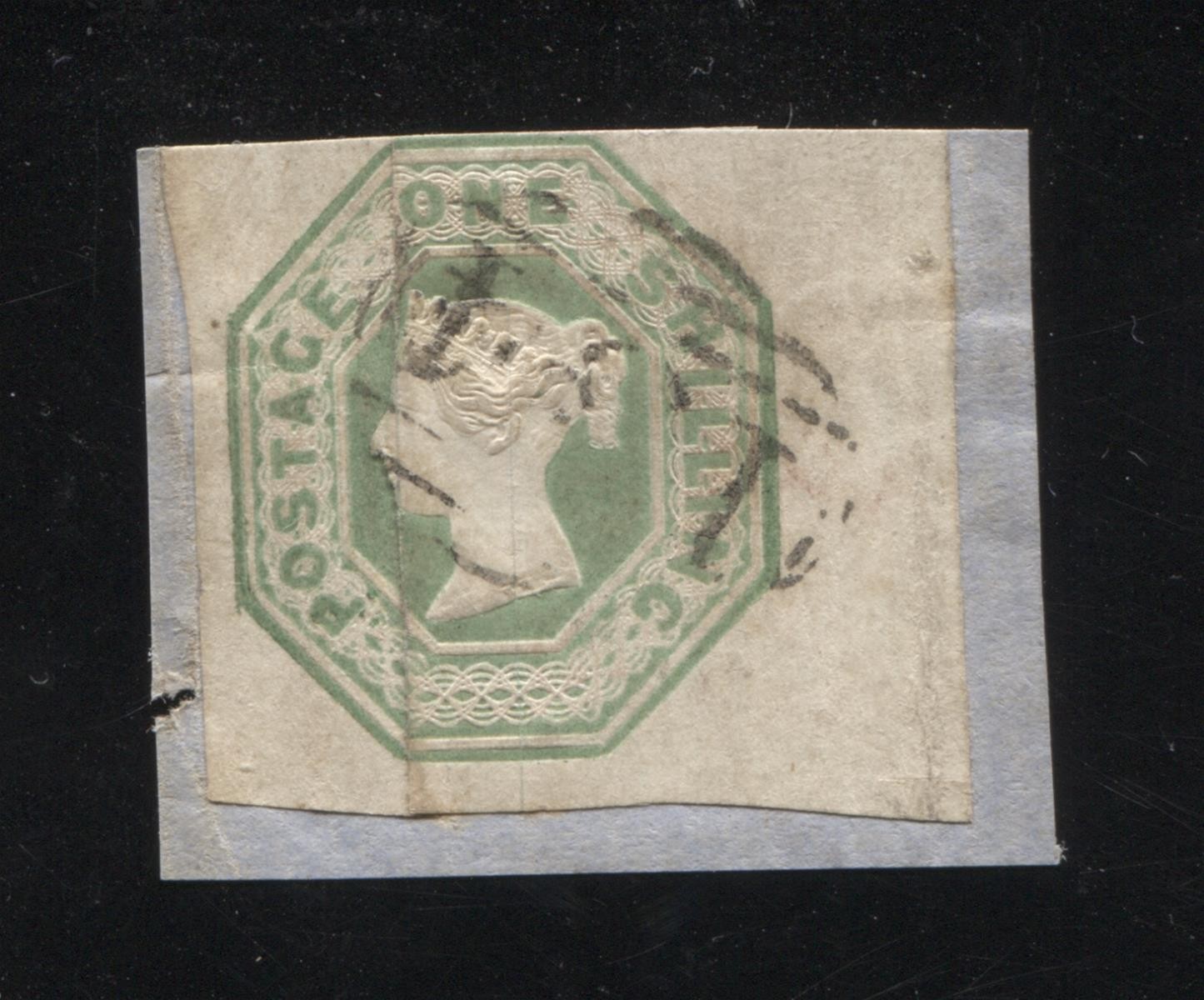 GB QV 1847 SG54/56 1/- 1s Green Embossed Good Used 4 Margin (WIng?) Creased
