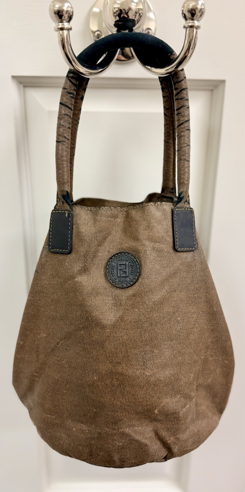 FENDI Vintage Rare Roma 1925 Brown Coated Canvas Palazzo Bucket Tote Handbag