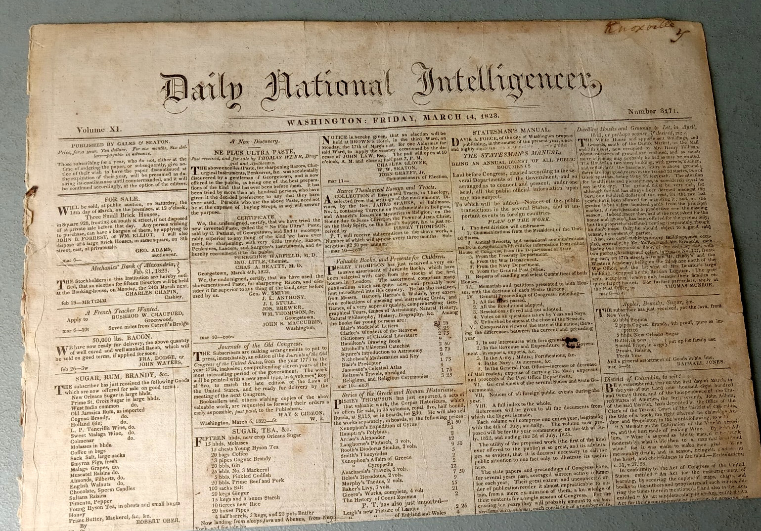 RARE 1823 James Monroe Newspaper National Intelligencer Florida Act War Europe RARE 1823 James Monroe Newspaper National Intelligencer Florida Act War Europe