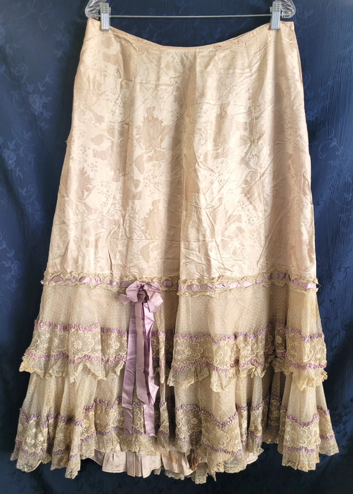 Antique Vintage Size Large Skirt Silk Lace Ribbon Full Length Ivory Lavendar Antique Vintage Size Large Skirt Silk Lace Ribbon Full Length Ivory Lavendar