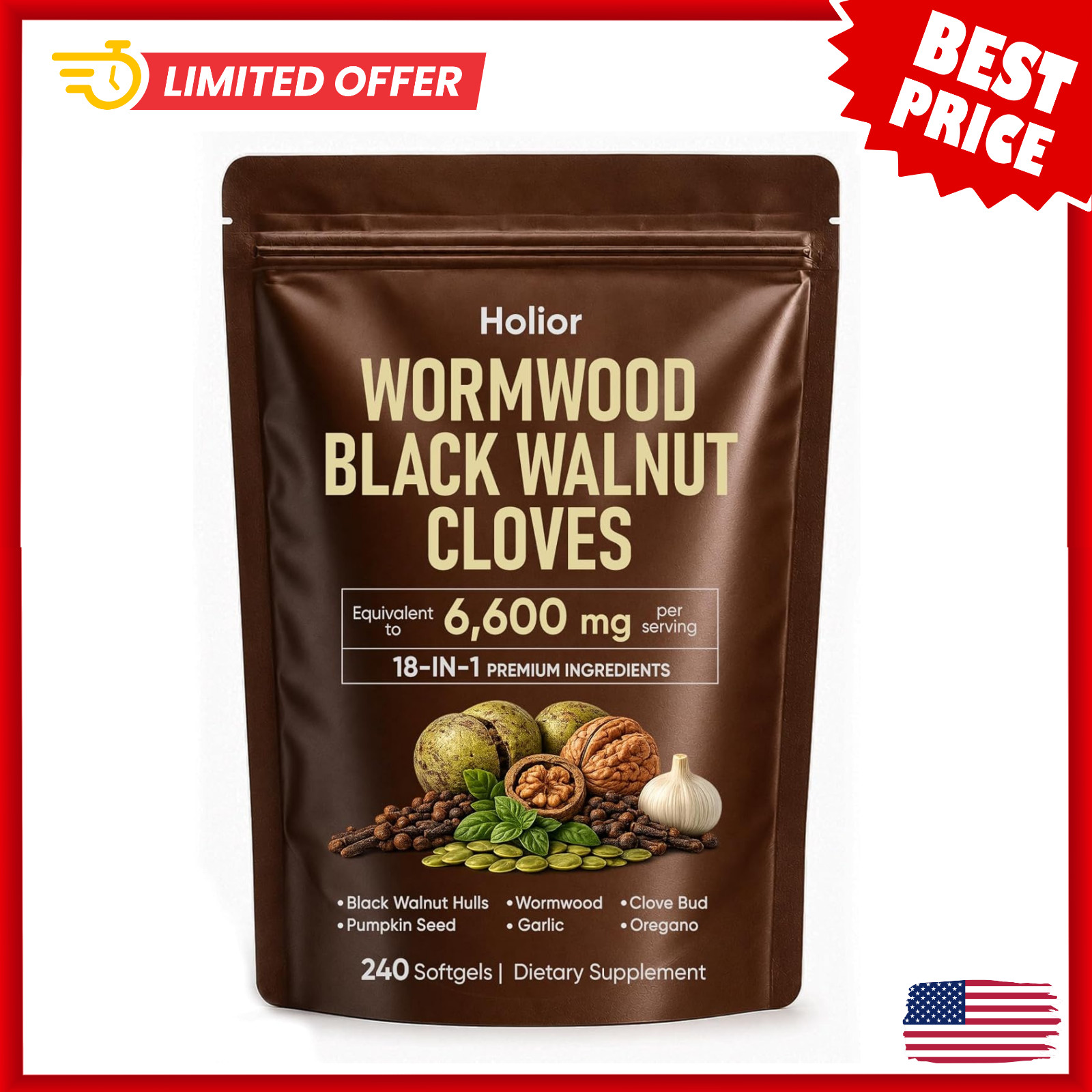 Holior 18-in-1 Black Walnut & Wormwood Herbal Blend for 240 Count (Pack of 1)