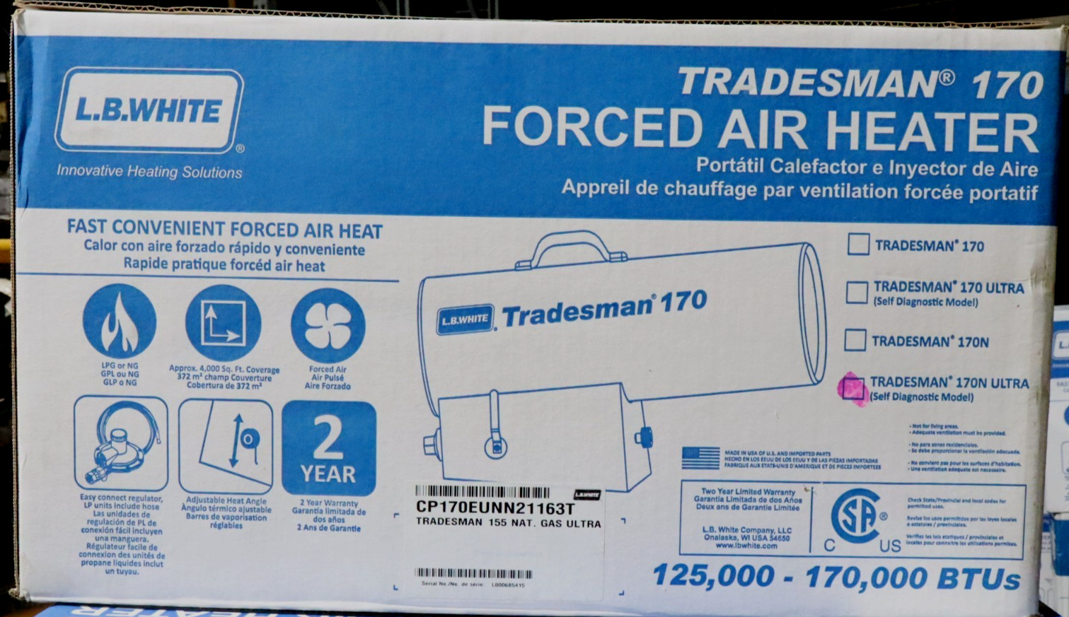 LB White Ultra Heater Tradesman 170N 125,000-170,000 BTUs NG-w/Diagnostic Light