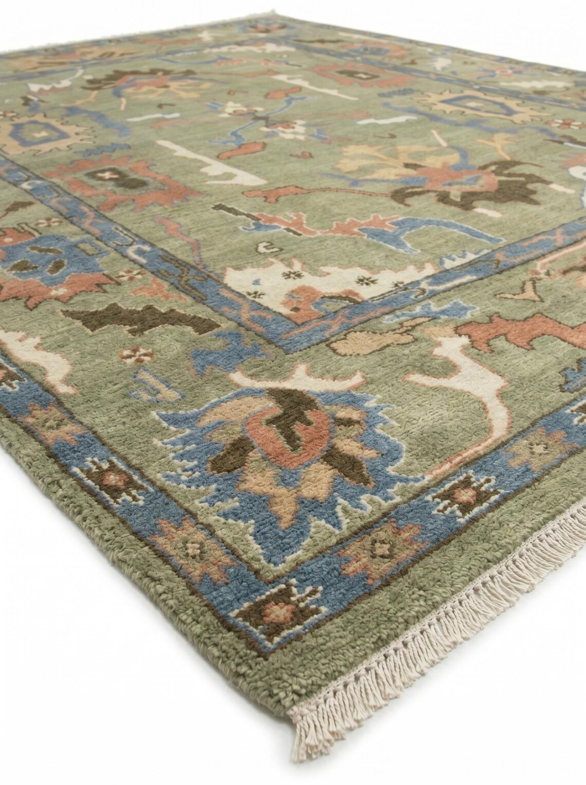 Sage Green Oushak Rug Hand Knotted Wool Tribal Floral Vintage Custom Area Carpet
