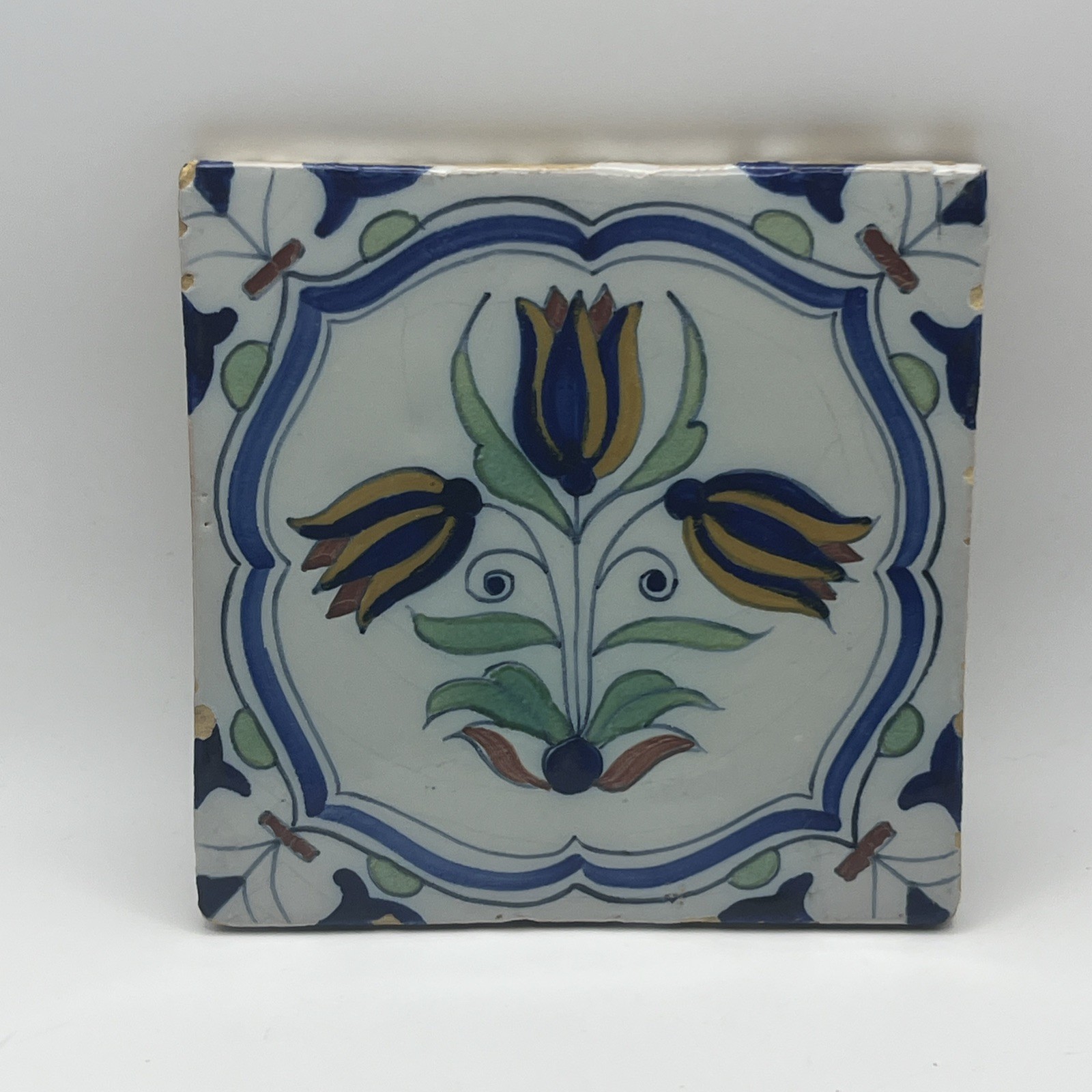  Antique 17thC Dutch Delft Tile Polychrome Three Tulips Akkoladen Framing Rare