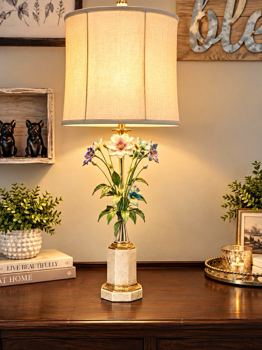 Vintage Italian Tole & Porcelain Floral Table Lamp with Matching Finial – 1960s