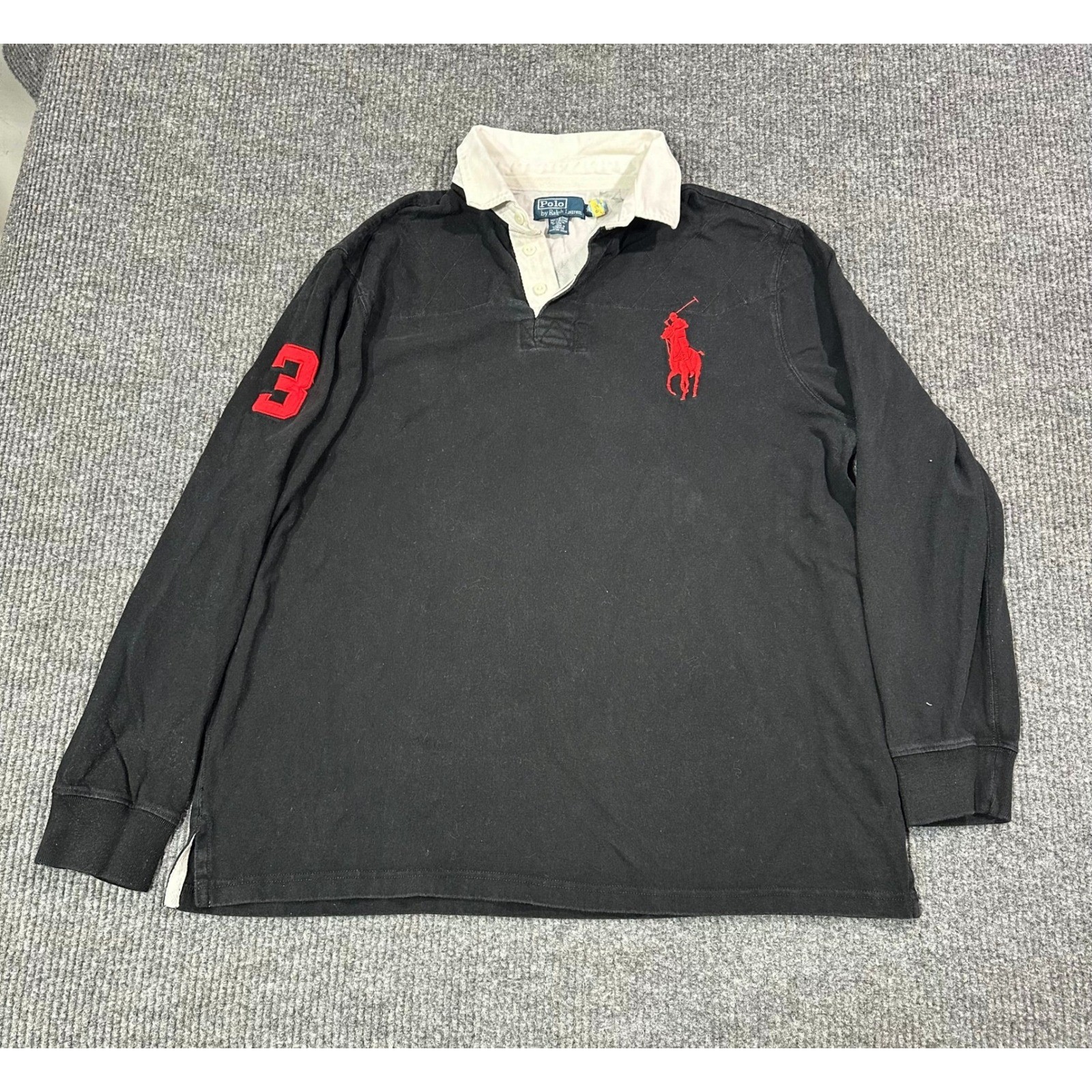 Vintage Polo Ralph Lauren Rugby Shirt Mens XL Black Big Pony Long Sleeve #3 Sewn