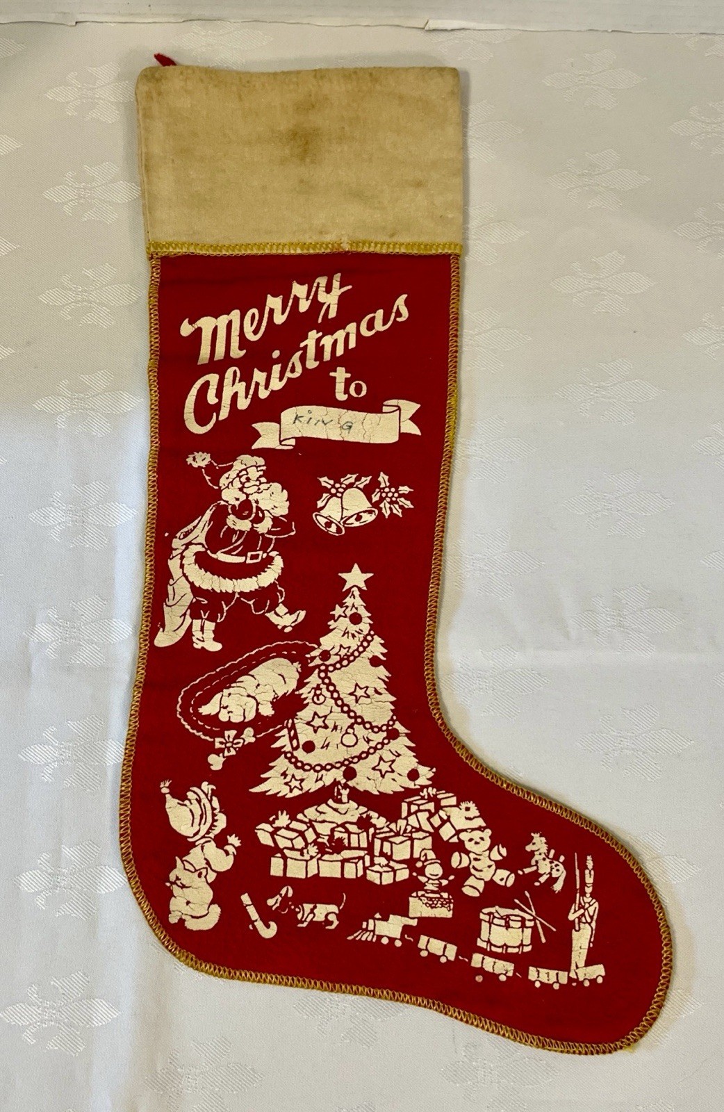 Vtg 1950s 1960s Christmas Stocking Red Felt FlannelPrinted Santa Tree Train MCM
