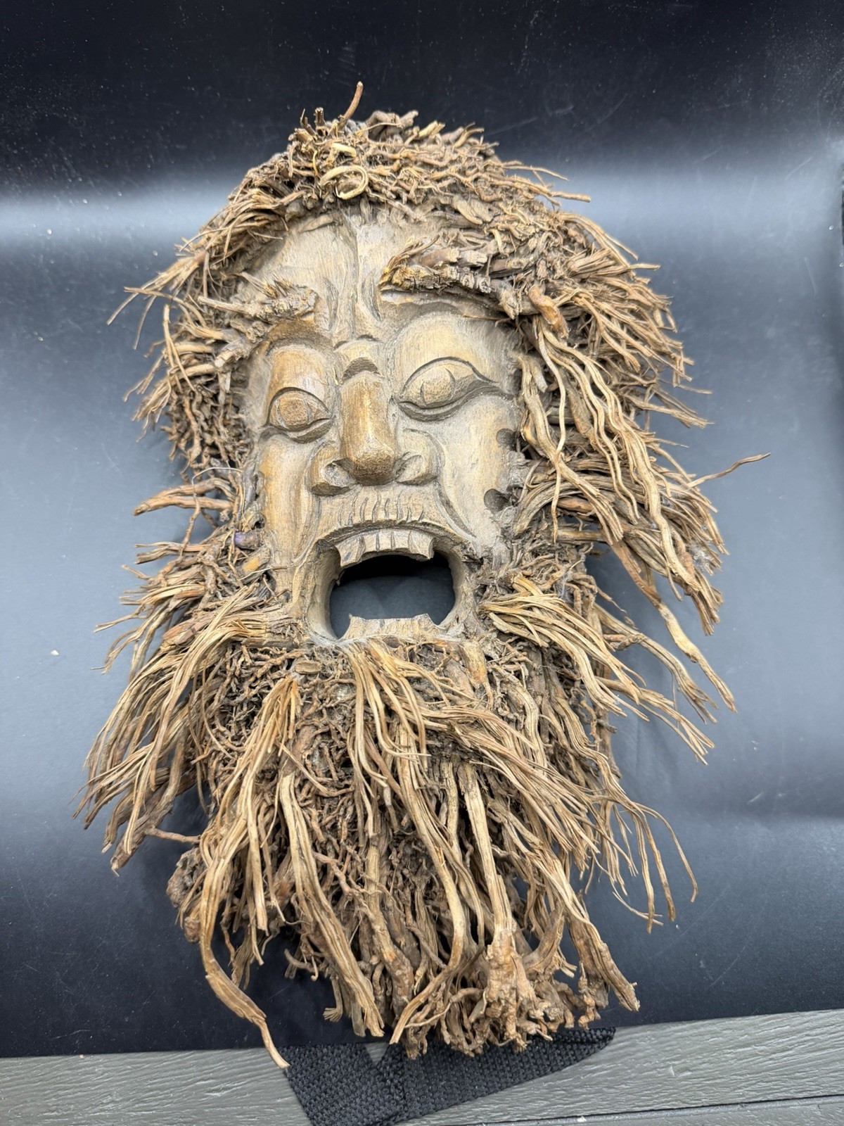 Vintage Hand Carved Bamboo Tree Root Old Man Face Mask Beard Wall Hanging 12\