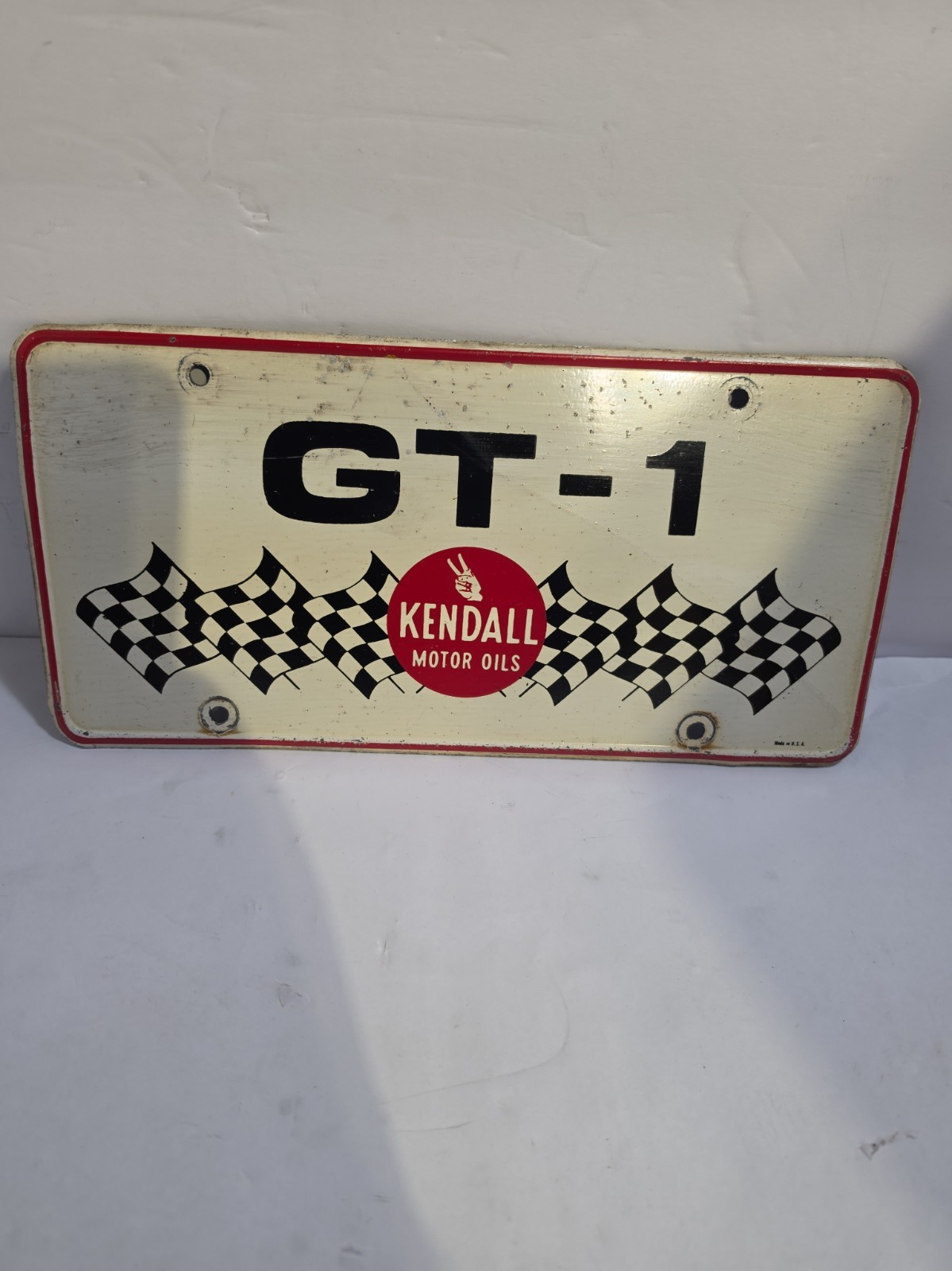 Vintage Kendall Motor Oil GT-1 Racing Checker Flags Steel Booster License Plate Vintage Kendall Motor Oil GT-1 Racing Checker Flags Steel Booster License Plate