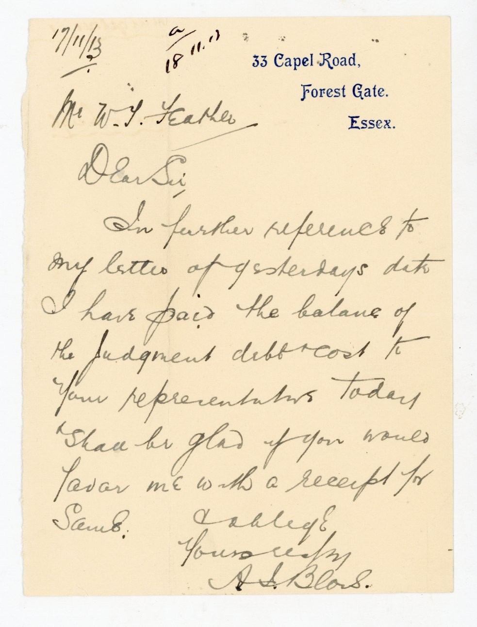 1913 Forest Gate Essex UK Handwritten Letter Judgment Debt Paid Receipt Legal 1913 Forest Gate Essex UK Handwritten Letter Judgment Debt Paid Receipt Legal