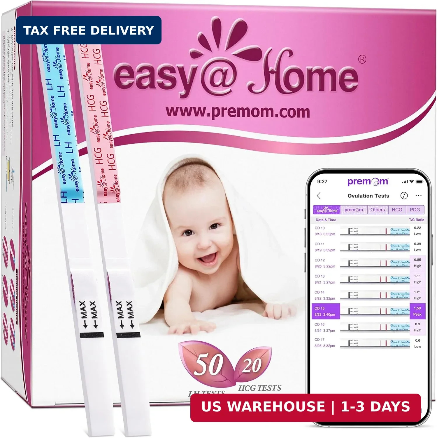 Easy@Home 50 Ovulation Test Strips and 20 Pregnancy Test Strips Combo Kit, (50 L