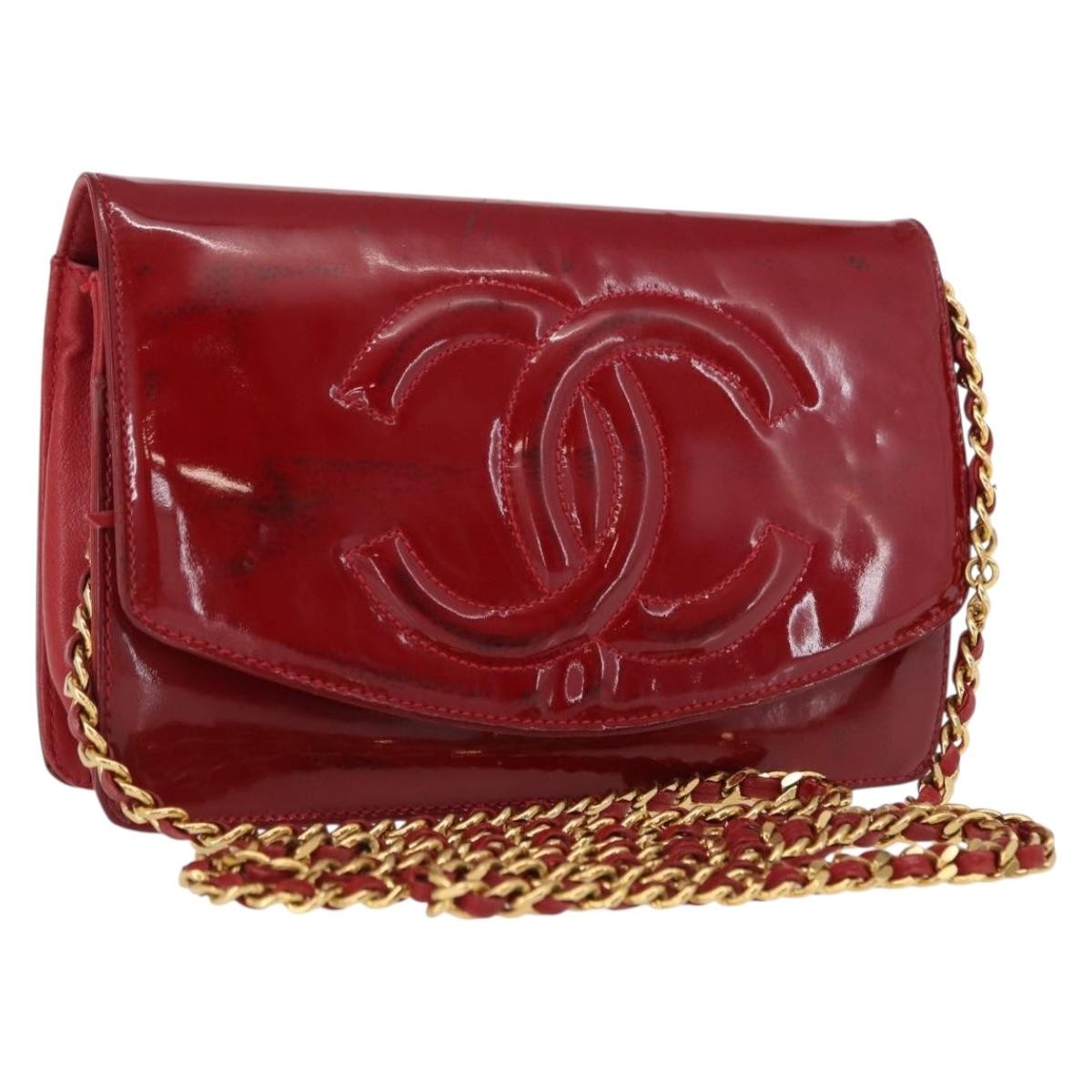 CHANEL COCO Mark Chain Shoulder Bag Patent leather Red Gold CC Auth 165902A