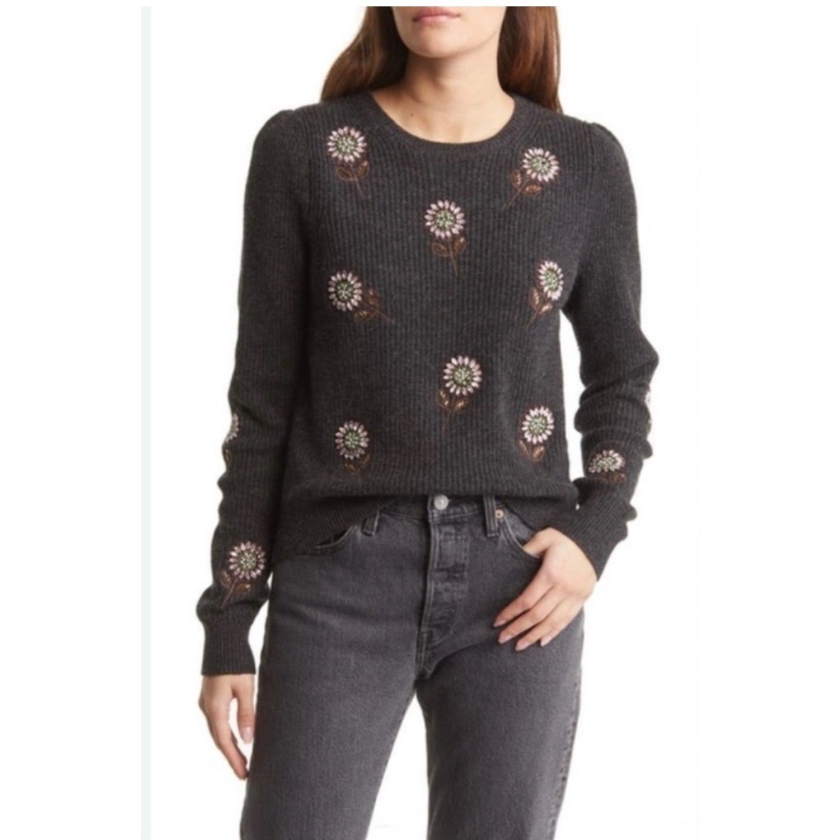 Boden Elizabeth Wool Alpaca Blend Beaded Rhinestone Floral Sweater Size 12